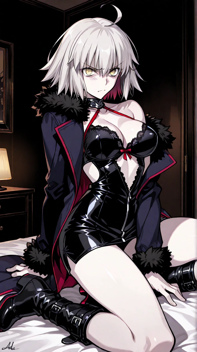 Volumetric Lighting, (best quality), (ultra-detailed), masterpiece, source_anime, score_9, score_8_up, score_7_up BREAK, illustration,detailed eyes, perfect composition, moist skin, intricate details BREAK, light depth, detailed face, detailed fingers,(masterpiece), (best quality), (ultra-detailed),masterpiece, best quality, absurdres,8K, 4k, highest quality, High resolution: 1.2),noise removal,1girl,, jeanne d'arc alter (fate),((shinjuku outfit)), short hair, ahoge, grey hair, yellow eyes, short dress, coat, fur trim, necklace, large breasts,blushing,tsundere,(sweat), ((((love hotel)))),shy,,Sitting on the bed,pussy juice stain,steam,wariza,cum in mouth,closed mouth and eyes