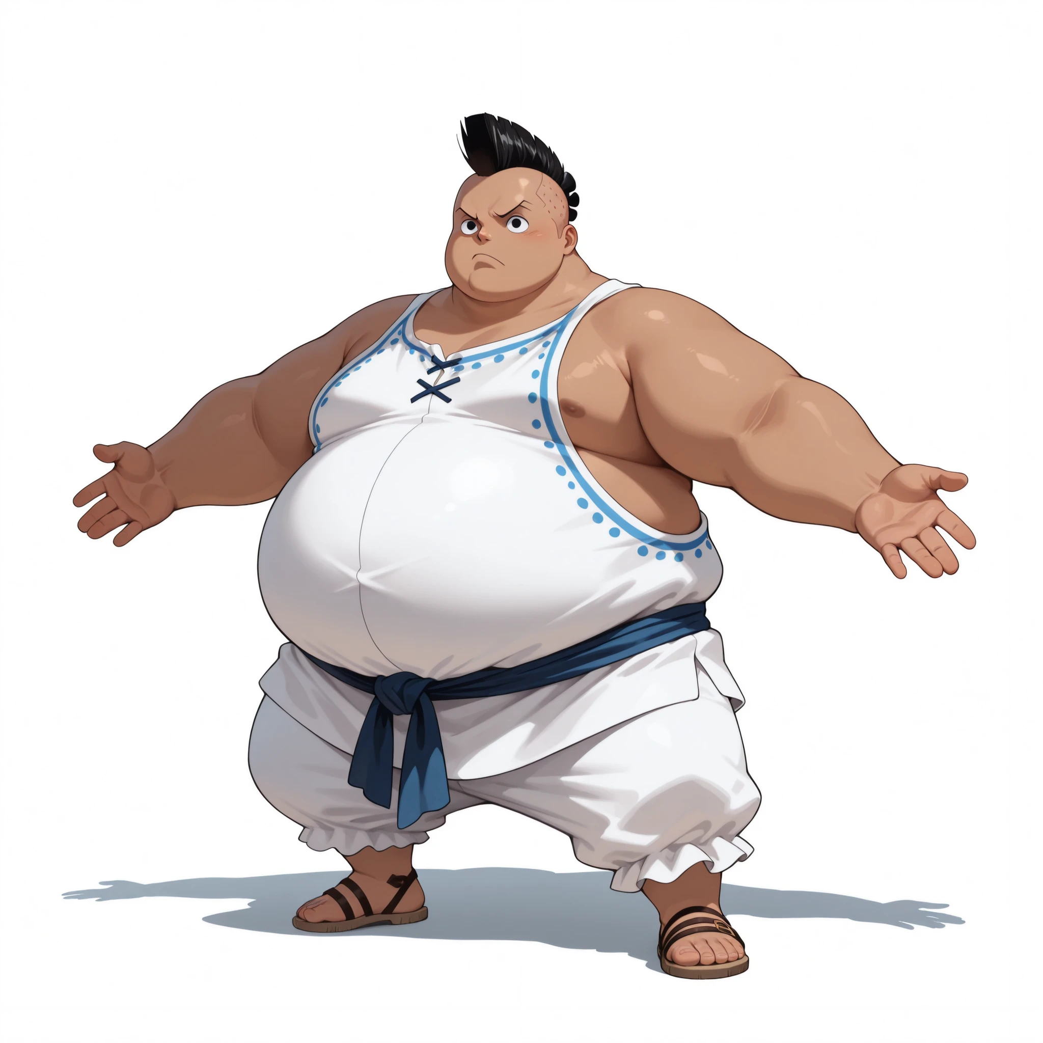 (male), (child boy), (large arm), (very fat body), (mohawk hairstyle, black hair, dark skin), (black eyes), (giant body), (giant character), (solo), (single character), (full body version), (white background), (no background), (highly detailed), (shadow), (standing pose), (natural light), (detailed outfit), (detailed hand), (detailed face), (detailed hair)
Wearing noble casual medieval attire, blue and white tunic, white trousers, sandals, (One piece style art)