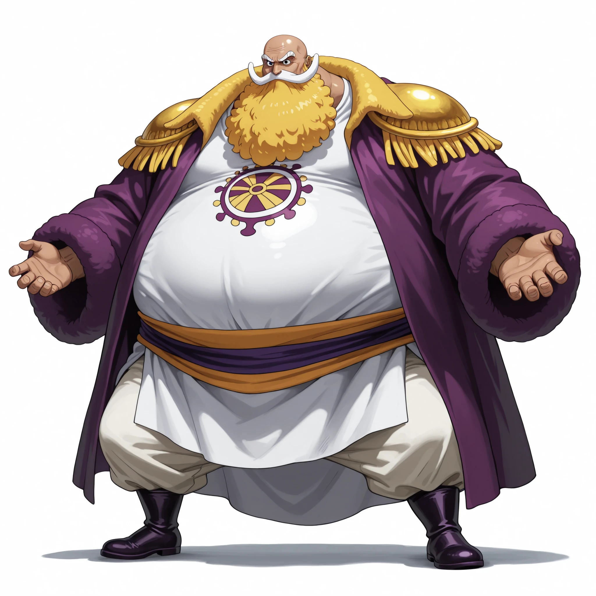 (male), (old man), (large arm), (very fat body), (bald, dark skin), (yellow beard), (black eyes), (giant body), (giant character), (solo), (single character), (full body version), (white background), (no background), (highly detailed), (shadow), (standing pose), (natural light), (detailed outfit), (detailed hand), (detailed face), (detailed hair)
Wearing noble formal medieval attire, purple luxurious robe with ornate embroidery, fine tunic, fitted trousers, and polished leather boots, radiating the aura of a powerful noble warrior. (One piece style art)