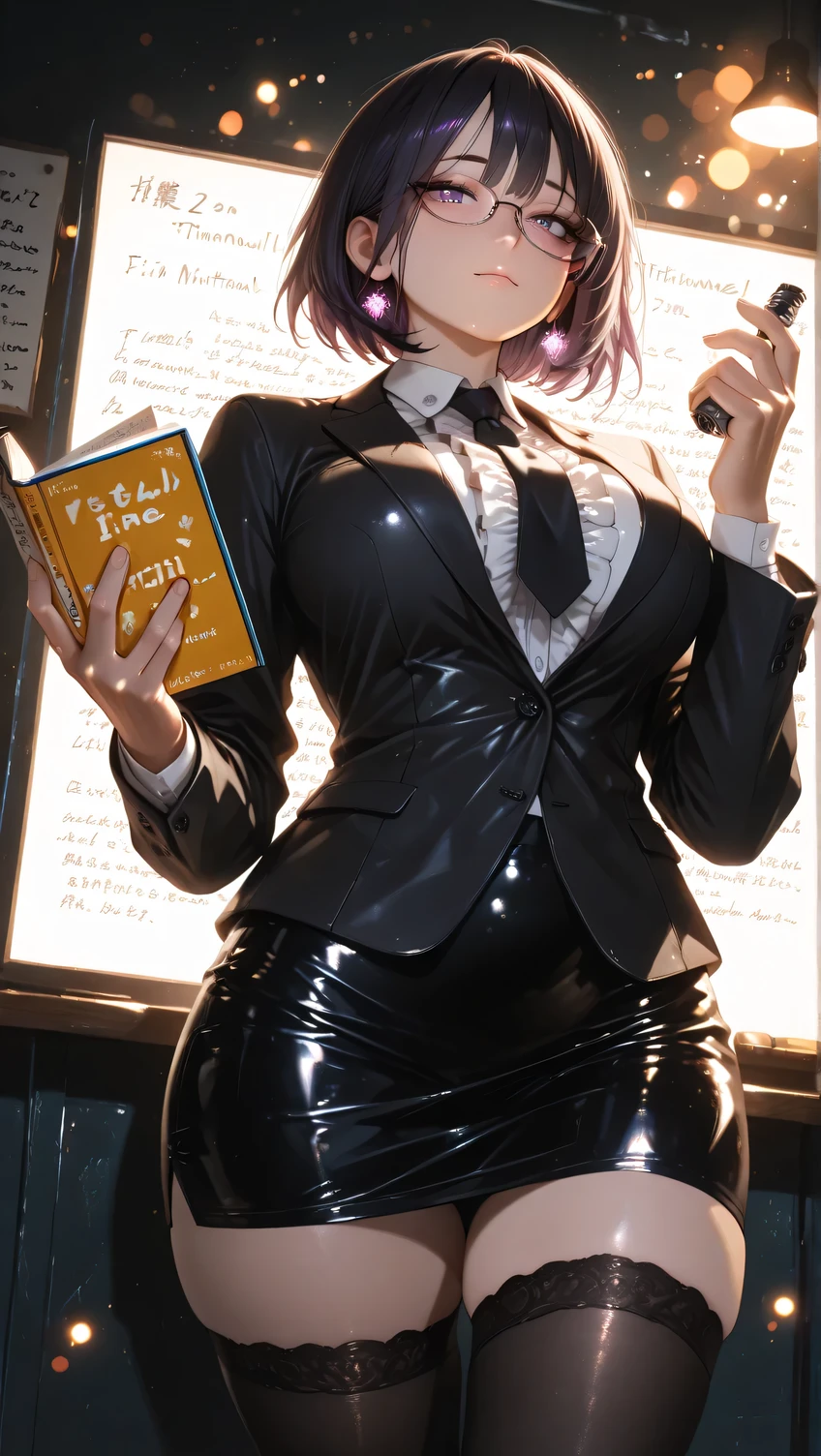 (Masterpiece, Detail:1.2) Older Sister, Female Teacher, Glasses, Face tilted upward, Close-up, Mysterious, Short hair, Fluffy soft fine hair, Strong gaze, Slender eyes, Double eyelids, Thin eyebrows, Long eyelashes, Small mouth, Purple eyes, Large breasts, Tight-fitting glossy business suit jacket, Tight skirt, white frilled blouse, glossy black tie, black stockings, standing in front of a blackboard,
highly detailed, realistic reflections, fine pores, authentic skin texture, (holding a textbook in her right hand:1.5),  glowing bokeh, atmospheric lighting, sensual, captivating, fantasy shot with Nikon Z7 II mirrorless camera, Dutch angle, low angle, close-up of thighs in black stockings, low angle wide angle