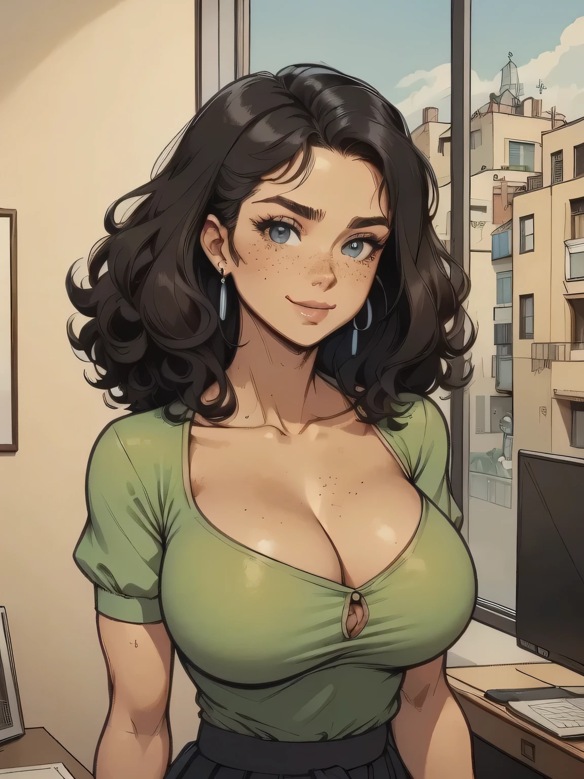 ( linhas absurdas, high definition, ultra fino, be careful with your hand ) Close-up of a thin woman, busty and athletic (secretary), 25 anos, 16k (( ultra fino )), sorriso lindo, olhar sedutor (( Looking at the spectator )), olhos azuis, secretary usando uma camisa verde (( gola italiana, puffy short sleeves )), cintura fina, wears discreet pleated skirt with black belt, (( your arms are extended at the sides of your body )), pele branca, (( short curly black hair, at shoulder height )), She's alone in her office, next to a window (( upper body, From waist to head, vista lateral 1 .4 )), with freckles on her neck and , (( , redondos e suados 1.4 )), (( Well defined collarbone )). estilo cartoon (( QG )), office in the background.