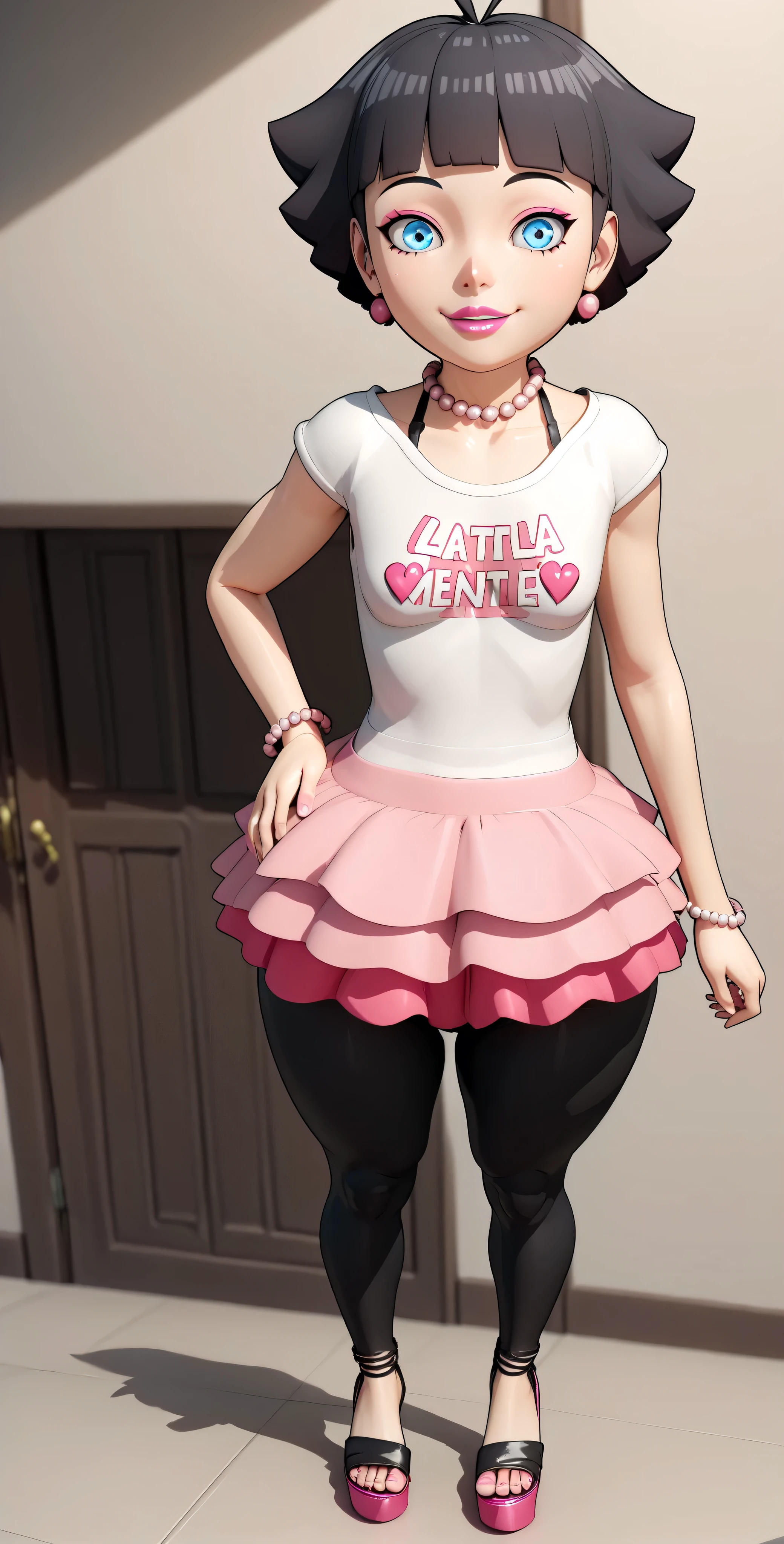 A beautiful elementary school girl. Beautiful and sensual petite babe. Horny and sexually attractive little Loli. short black hair. Very beautiful and well-detailed blue eyes. smile. pink lipstick. pink pearl necklace. silver bracelets . Wear a sleeveless t-shirt. Transparent yellow t-shirt. thin straps. Halter neckline. small breasts. wide hips. big round butt. Lower curves and small breasts. black leather leggings. pink platform and bare toe sandals. standing. Inside a room of masochism. alone. Flirty pose with surprised expression. anatomically perfect. ultra detailed. maximum resolution. 32k. masterpiece. greater sharpness. extreme beauty. (( 3D.))