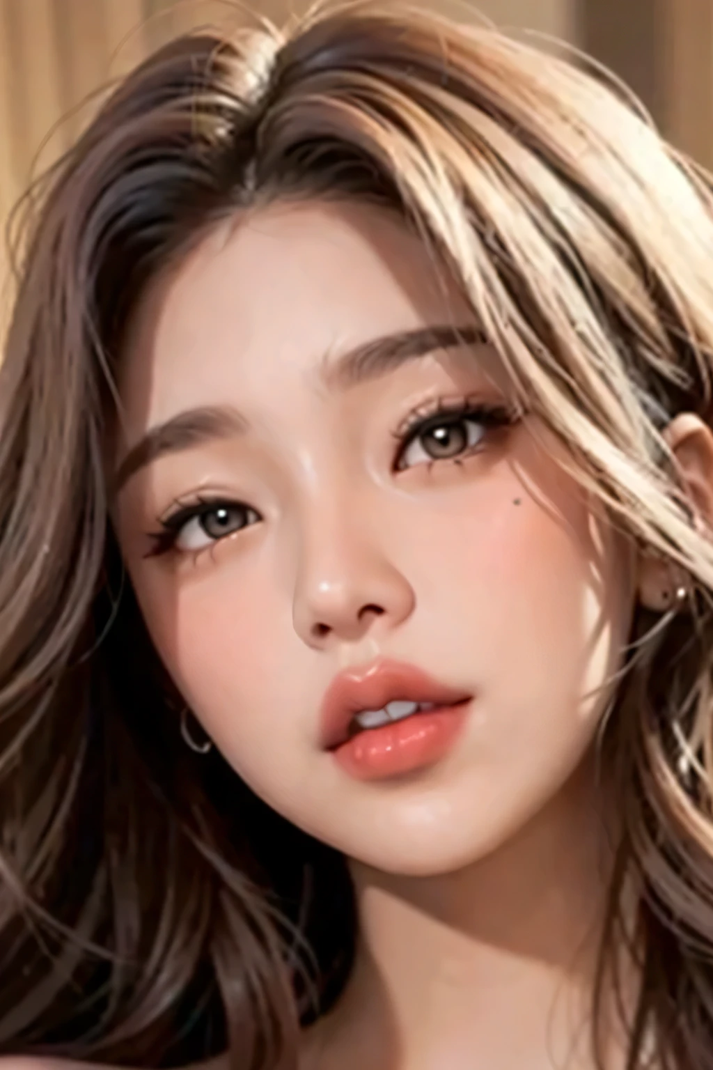 almond eyes,   full lips, large and voluptuous  . flirtatious look, , natural 