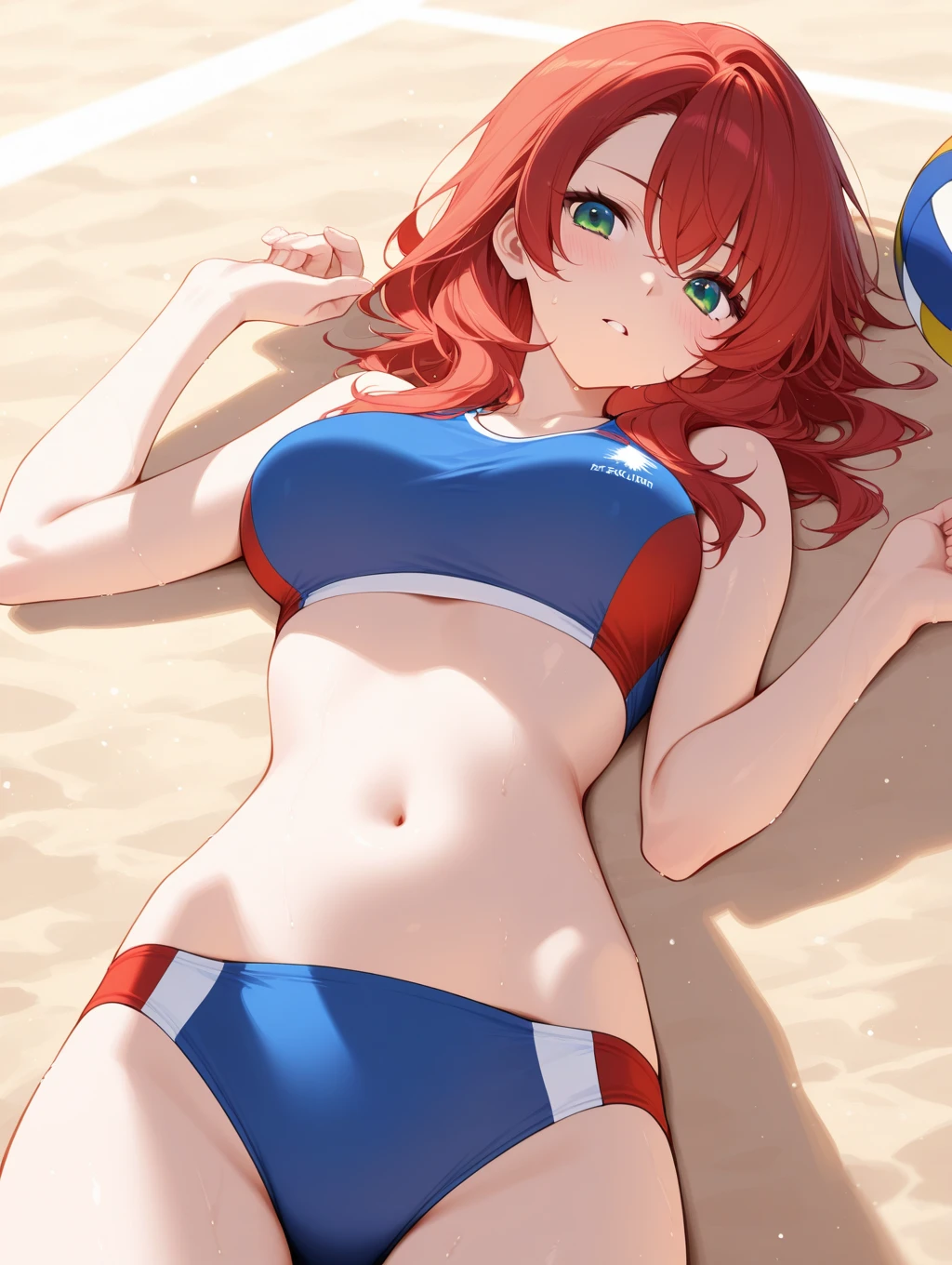 score_9, score_8_up, score_7_up, ginger hair, pigtails, braided pigtails, freckles, pale  green eyes, red eyeshadow, 1girl, solo, outdoors, beach, flag ??????, american flag ??????, American flag, tomboy, shy, blush, kneeling, choker