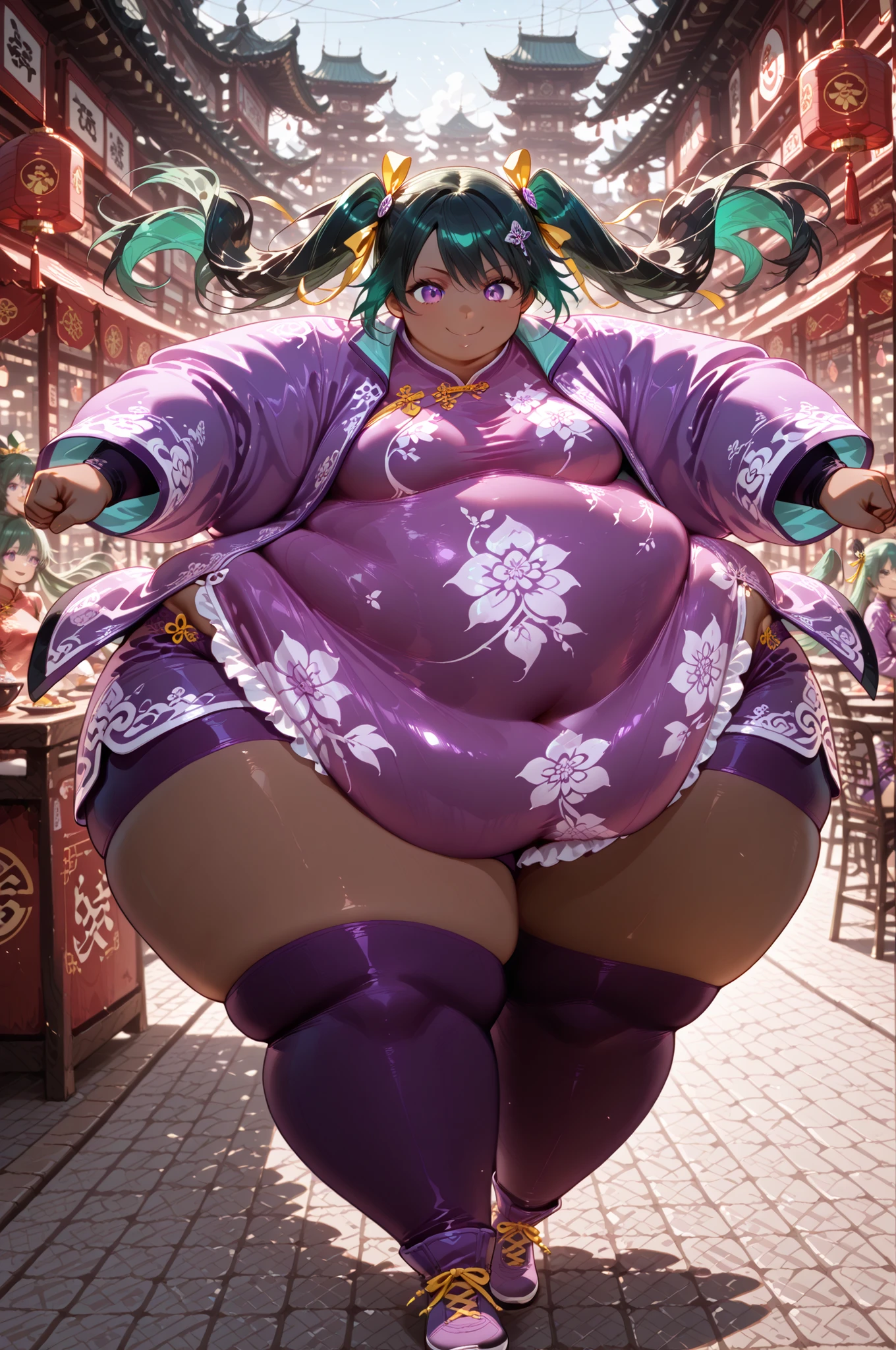 masterpiece, best quality,1girl, solo,lenlee, long hair, green hair, black hair, twin tails, purple eyes, black, thigh-highs, twin tails, Asian, dark skin, shirt, long sleeves, hair ornament, ribbon, hair ribbon, , shorts, open jacket, purple jacket, purple shorts, Chinese clothes, short dress, bike shorts, China dress, yellow ribbon, hyper fat, hyper obese, full body, outdoors, smile, restaurant, action pose, dynamic angle