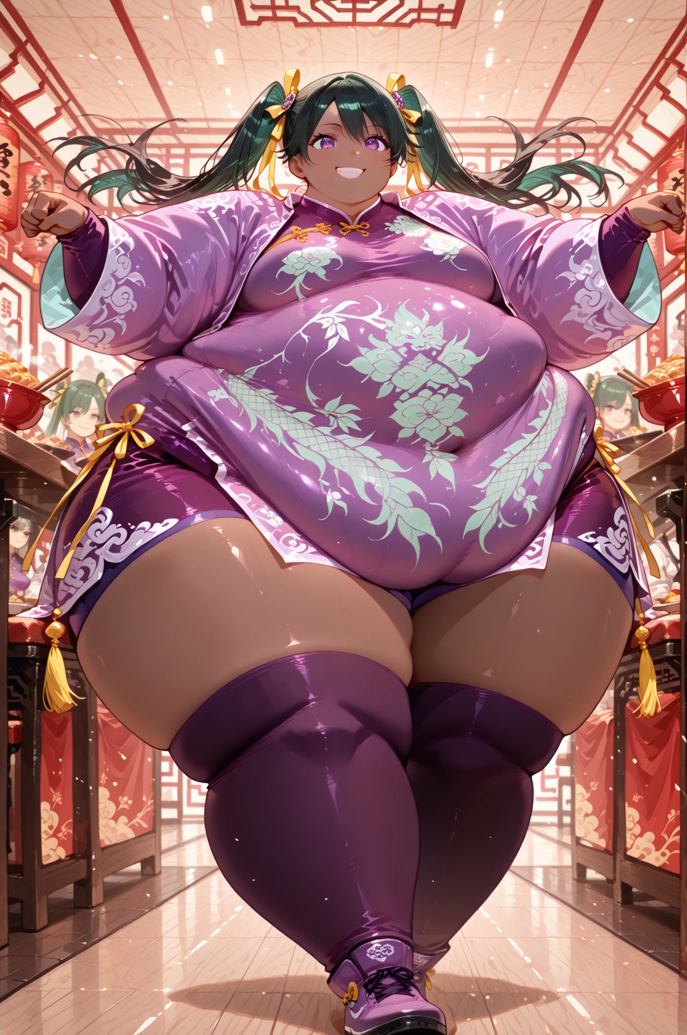 masterpiece, best quality,1girl, solo, Lenalee, long hair, green hair, black hair, twin tails, purple eyes, black, thigh-highs, twin tails, Asian, dark skin, shirt, long sleeves, hair ornament, ribbon, hair ribbon, , shorts, open jacket, purple jacket, purple shorts, Chinese clothes, short dress, bike shorts, China dress, yellow ribbon, hyper fat, hyper obese, full body, indoors, smile, restaurant, action pose, dynamic angle