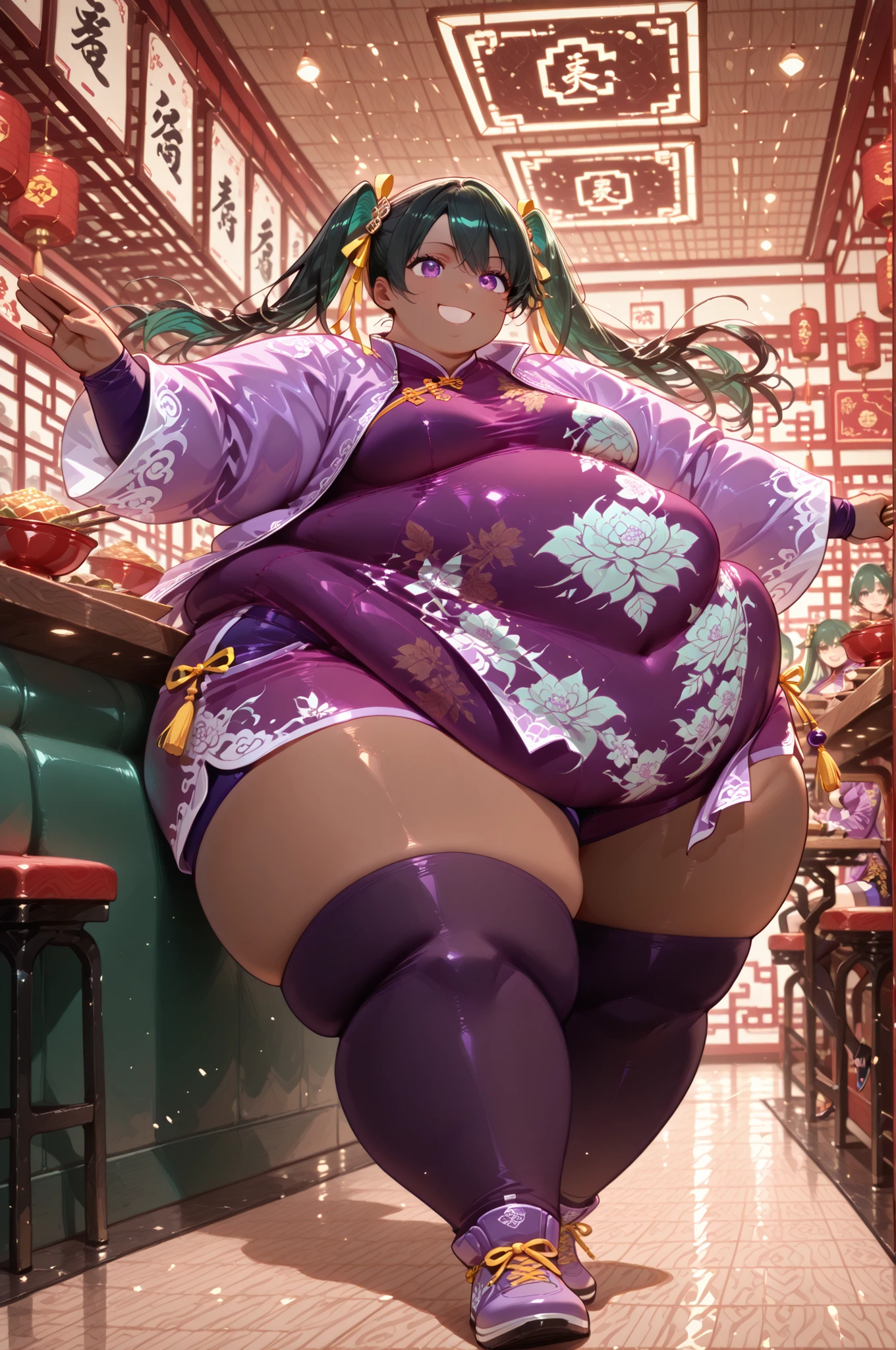 masterpiece, best quality,1girl, solo, Lenalee, long hair, green hair, black hair, twin tails, purple eyes, black, thigh-highs, twin tails, Asian, dark skin, shirt, long sleeves, hair ornament, ribbon, hair ribbon, , shorts, open jacket, purple jacket, purple shorts, Chinese clothes, short dress, bike shorts, China dress, yellow ribbon, hyper fat, hyper obese, full body, indoors, smile, restaurant, action pose, dynamic angle