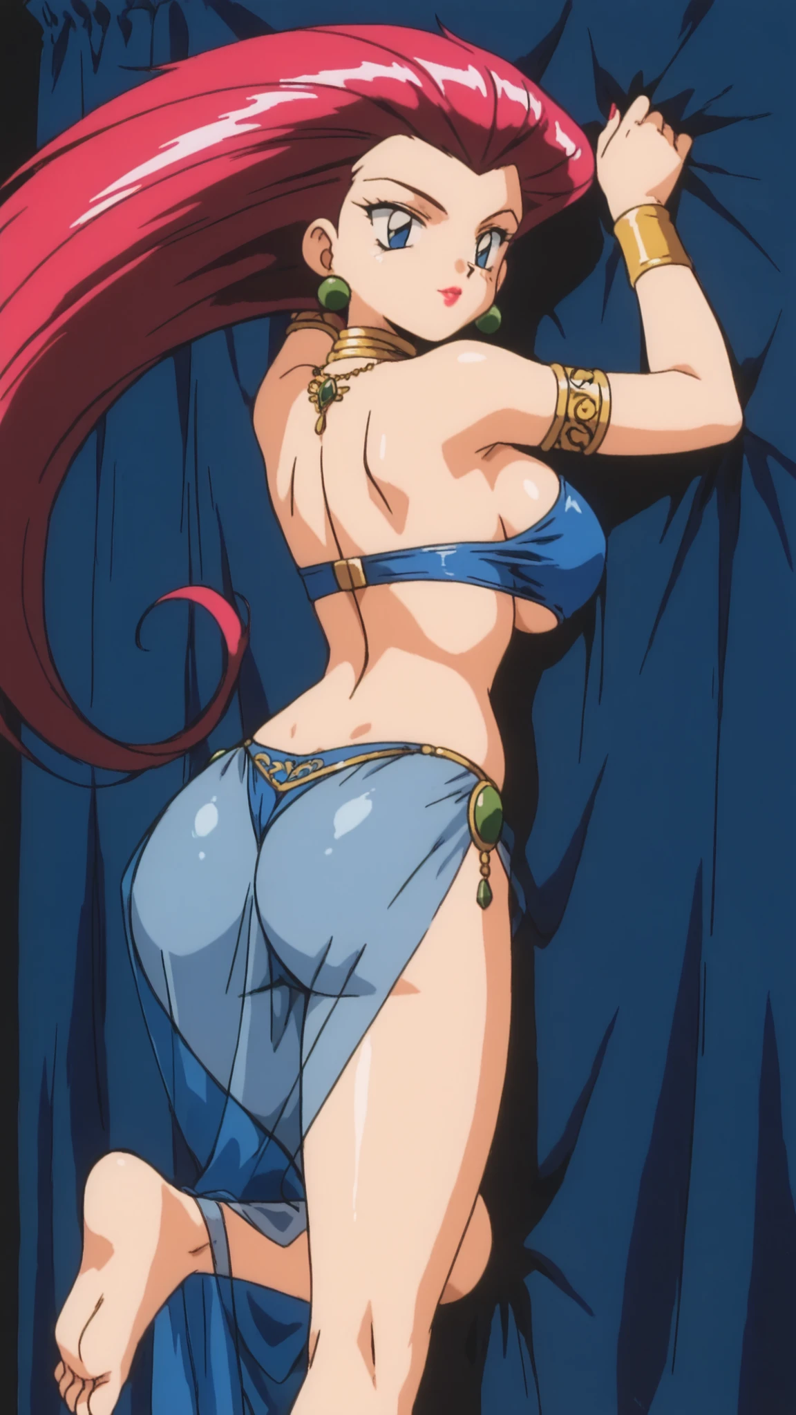 1990s \( style\), masterpiece, Great Quality, high resolution, 非常にhigh resolution, detailed skin、very aesthetic, high resolution, jessie("pokemon" , in a dark tent、lie on your back、 slick back hair, blue eyes、 redhead, lipstick, earrings、belly dancer in a black see-through costume、 gold embroidery pattern on the back of the hand 、Bejeweled Outfit、constricted body、long limbs、bare hands、mature body、BIG BREASTS、perfect style、broad shoulders、wide pelvis、Big Butt、Narrow Waist、Barefoot、