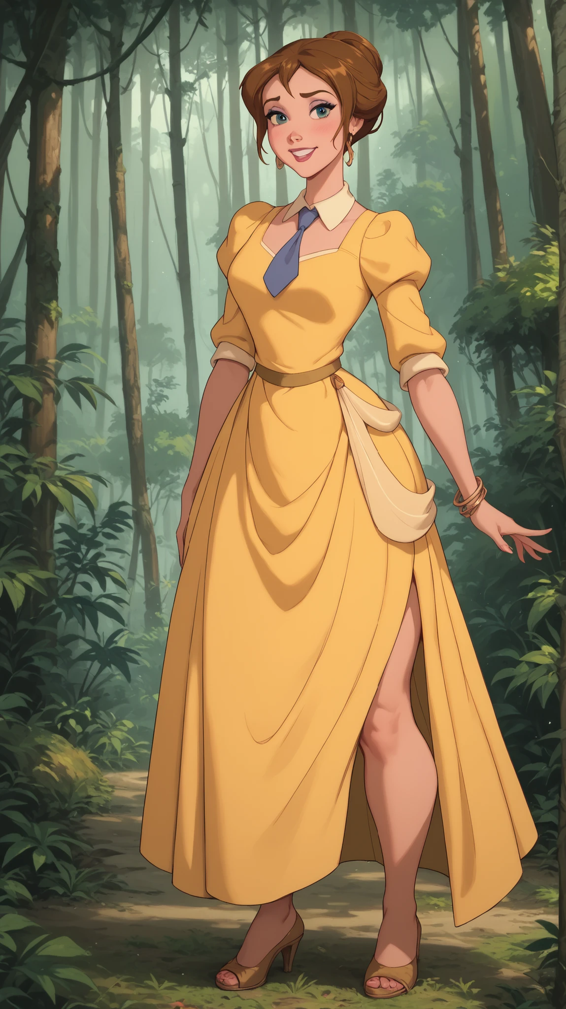 Jane Porter full body, with her sexy yellow dress and tie, big boobs thick thighs, in a rainforest