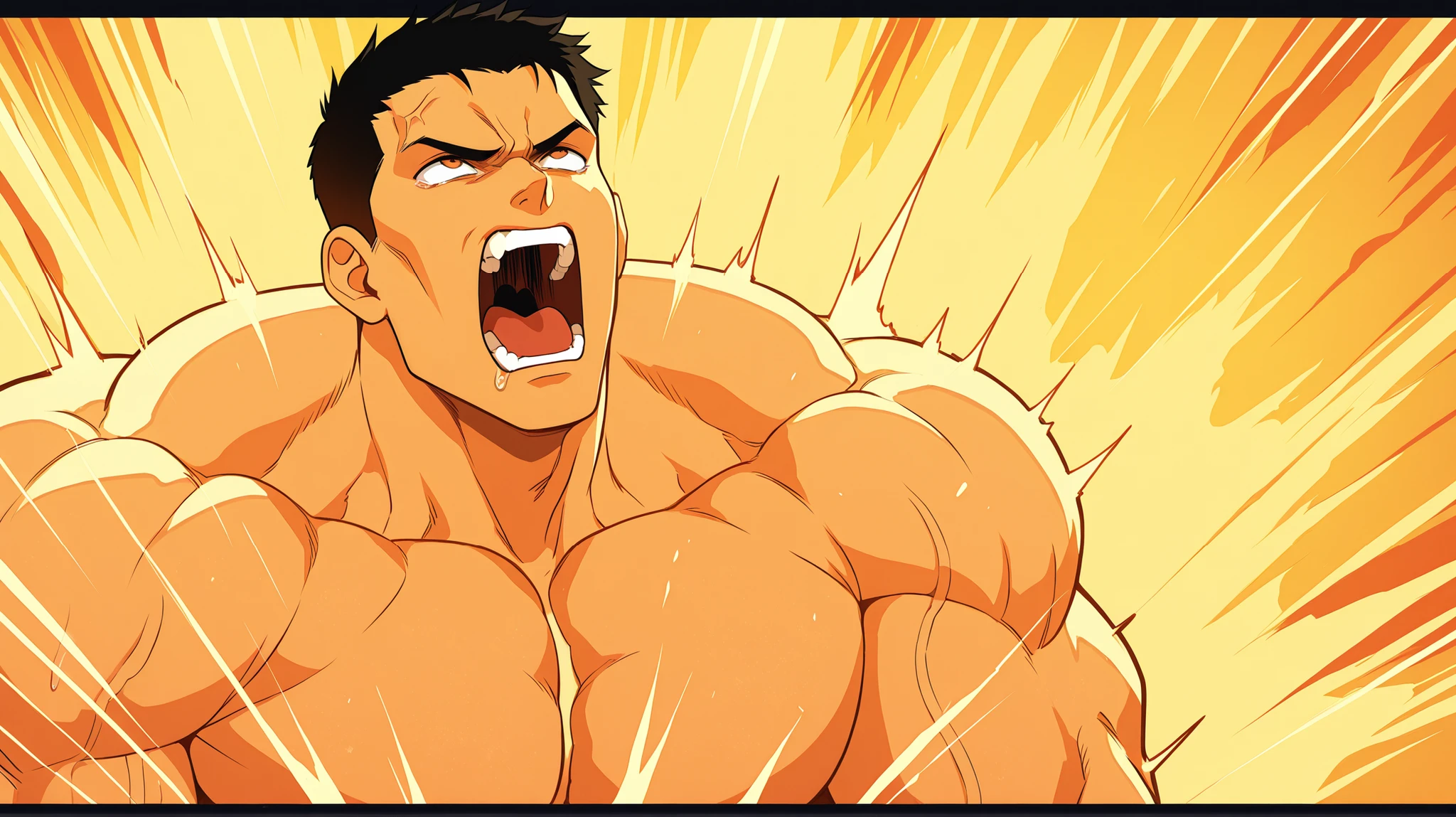  a  handsome naked man is looking up to the sky in anger, he is being blasted by high powerful yellow and orange winds,   short black hair, extremely muscular,  caucasian, screaming in pain, 