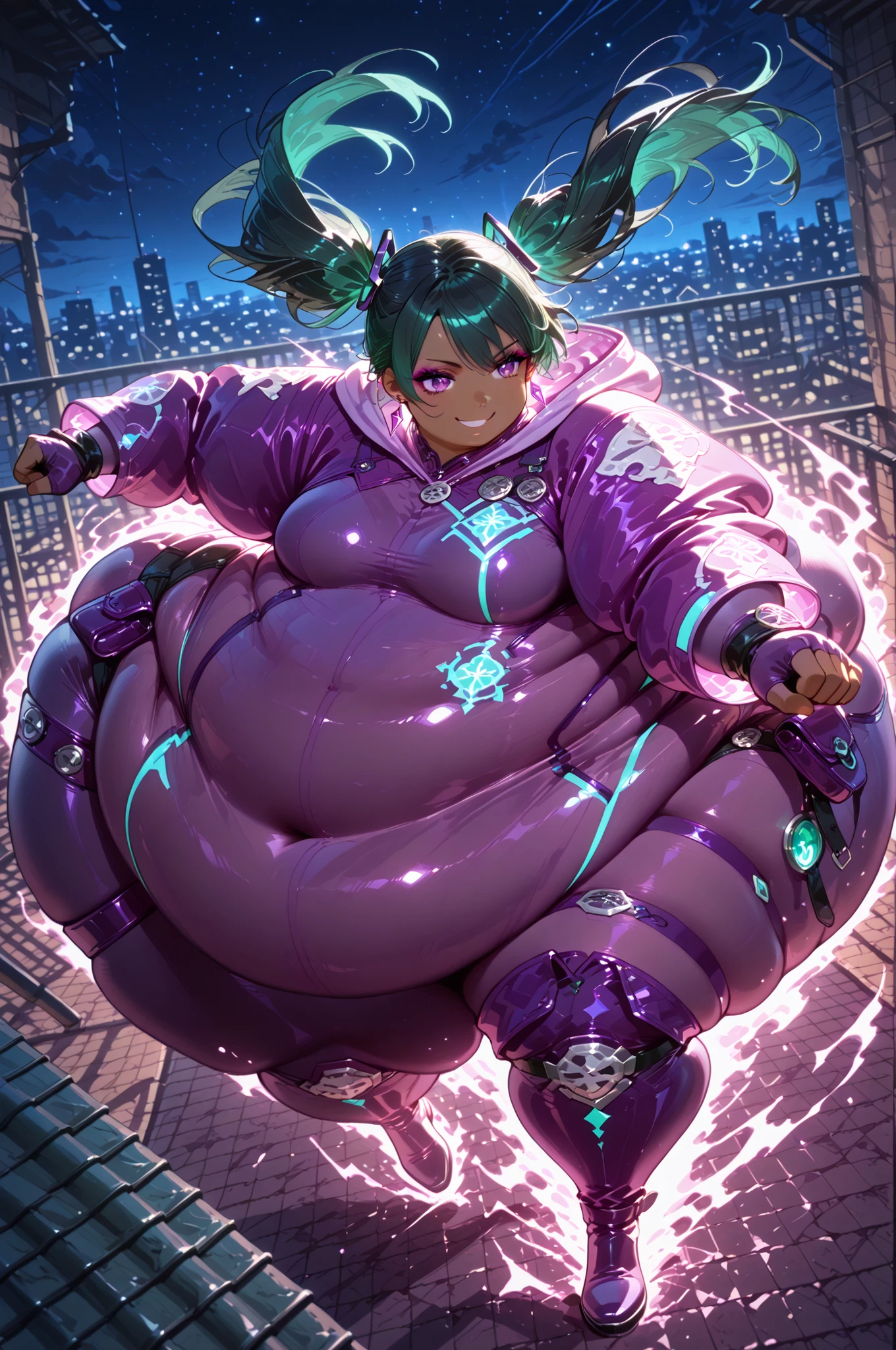 masterpiece, best quality,1girl, solo,lenalee, long hair, green hair, black hair, twin tails, hair ornament, purple eyes, , thigh strap, purple thigh boots, purple , purple jacket, hood down, fingerless gloves, boots, earrings, jewelry, makeup, dark skin, hyper fat, hyper obese, full body, smile, outdoors, rooftop, night, dynamic angle, action pose, fighting stance