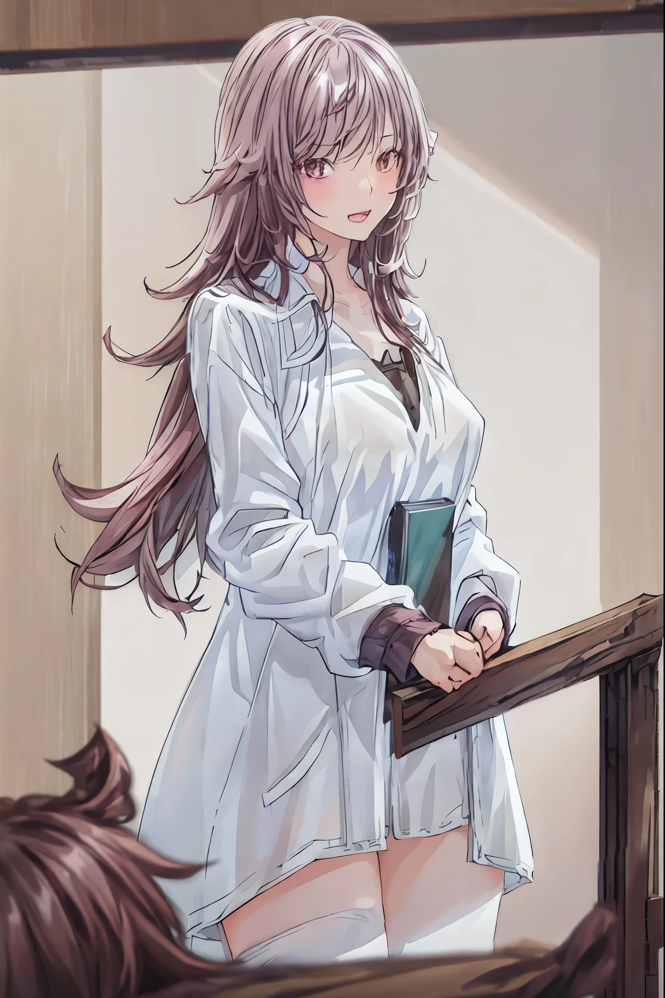 {Book in hand}，{背景にblackboard}，{black jacket}，black suit、mini skirt、pantyhose、high heels、perfect figure、very beautiful、日本のCollege teachers、 Female Teacherが生徒に囲まれている,ONE WOMAN,solo,Open Mouth,dark haired,long hair,Slim,(white skin),long sleeves,Open Mouth,inappropriate smile，Smile Yan,Indoor,(black jacket,rolled up her sleeves),open jacket,white dress shirt,Silver Watch,black long pants,Brown Belt，blackboard，(((The clothes are black:1.2))),(((Textbook in handを持っている)))，(((female teacher)))，(((College teachers)))，(((, an unbelievable beauty)))，High Quality,8K,Realistic,Physically Based Rendering,professional,beautiful color,Bokeh,Classroom Interior ,ascetic, Female Teacher,Strict,Standing at the pulpit,Student's back,Textbook in hand,attractive legs,(((black stockings))),Cold look,test student,brown hair