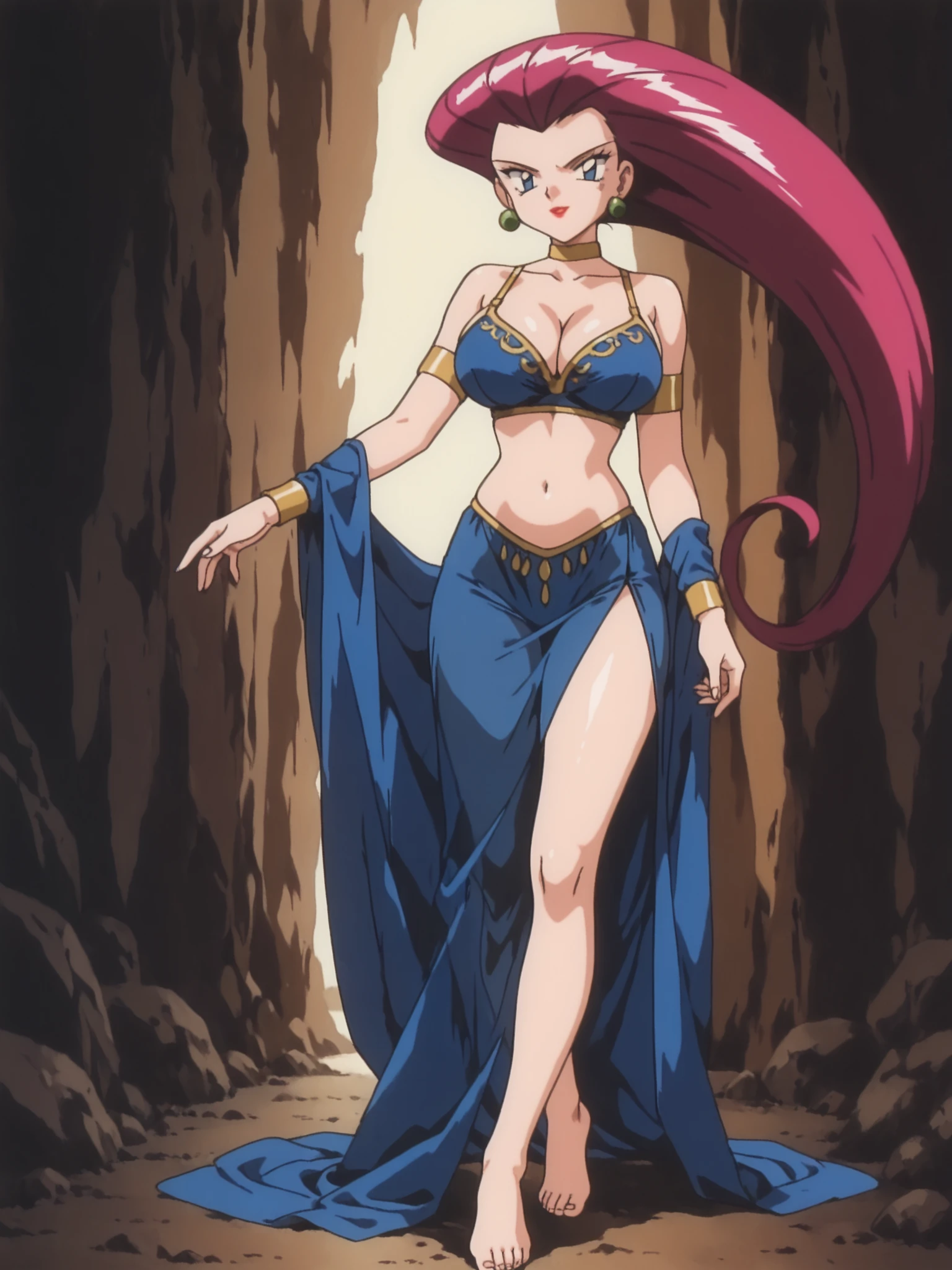 1990s \( style\), masterpiece, Great Quality, high resolution, 非常にhigh resolution, detailed skin、very aesthetic, high resolution, jessie("pokemon" 90's), in a dark tent、 slick back hair, blue eyes、 redhead, lipstick, 1990s \( style\), earrings、belly dancer in a black see-through costume、 gold embroidery pattern on the back of the hand 、sharp eyes、Large whites of the eyes、constricted body、long limbs、bare hands、décolletage、grown face、mature body、perfect style、broad shoulders、BIG BREASTS、front shot without showing a cat、cool face、wide pelvis、collarbone、big butt、Narrow Waist、Full Body、Barefoot、flapping