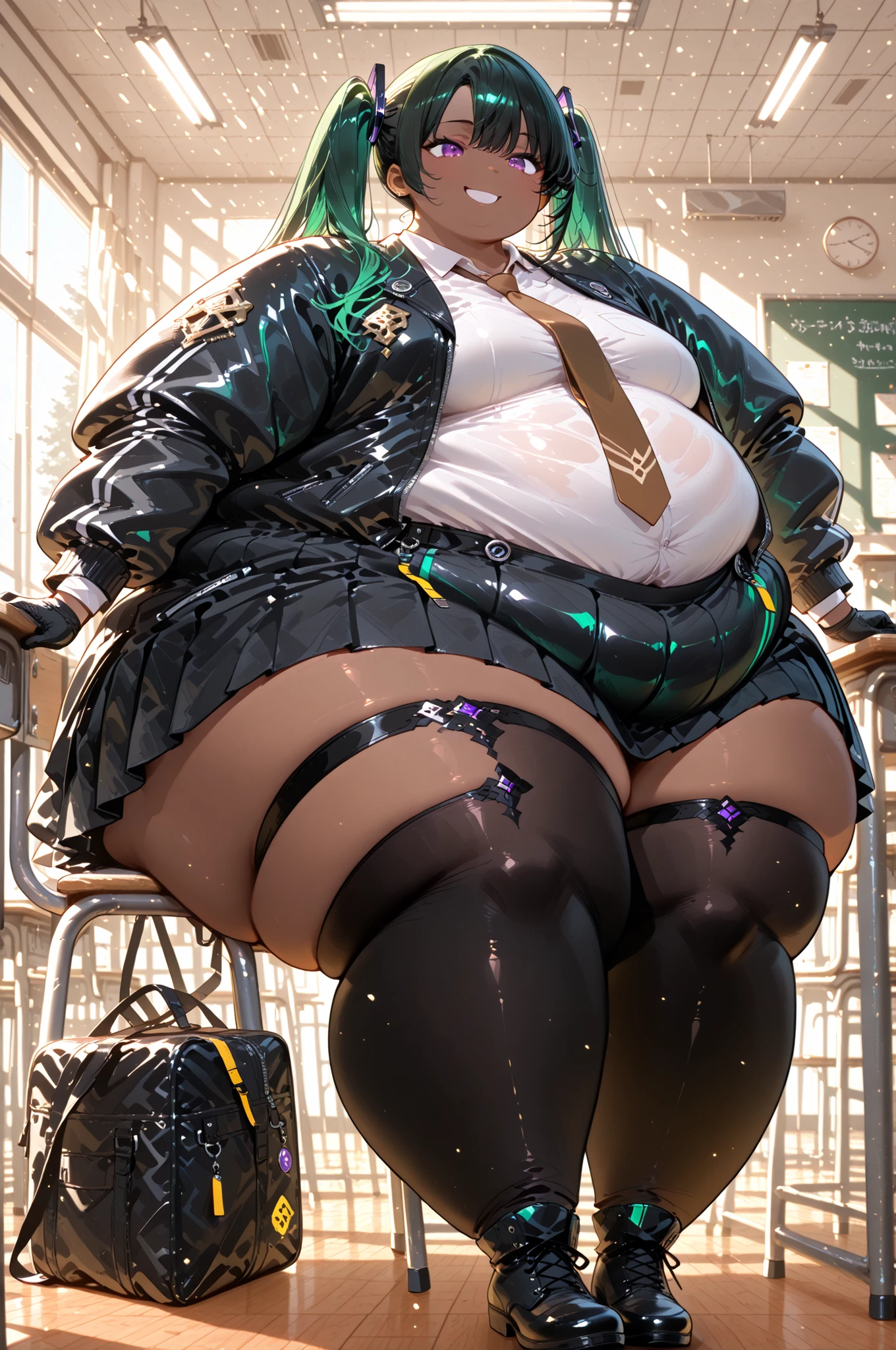 masterpiece, best quality,1girl ,solo, Lenalee, long hair, green hair, black hair, twin tails, purple eyes, medium breasts, dark skin, thighhighs,skirt, shirt, gloves, long sleeves, jacket, white shirt, pleated skirt, open clothes, necktie, collared shirt, black skirt, open jacket, black jacket, black ribbon, brown necktie, hyper obese, hyper fat, full body, indoors, sitting, classroom, smile,