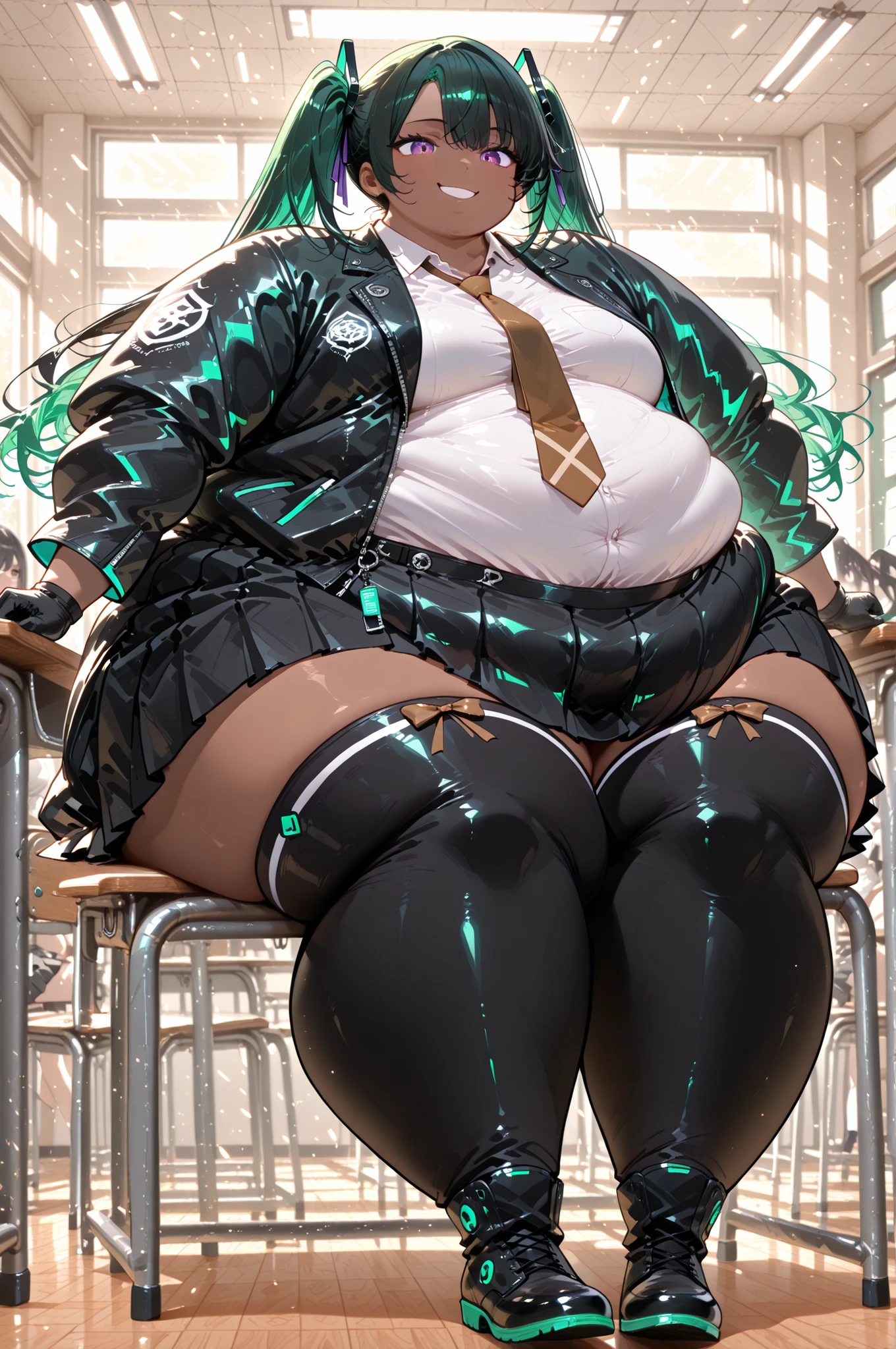 masterpiece, best quality,1girl ,solo, Lenalee, long hair, green hair, black hair, twin tails, purple eyes, medium breasts, dark skin, thighhighs,skirt, shirt, gloves, long sleeves, jacket, white shirt, pleated skirt, open clothes, necktie, collared shirt, black skirt, open jacket, black jacket, black ribbon, brown necktie, hyper obese, hyper fat, full body, indoors, sitting, classroom, smile,