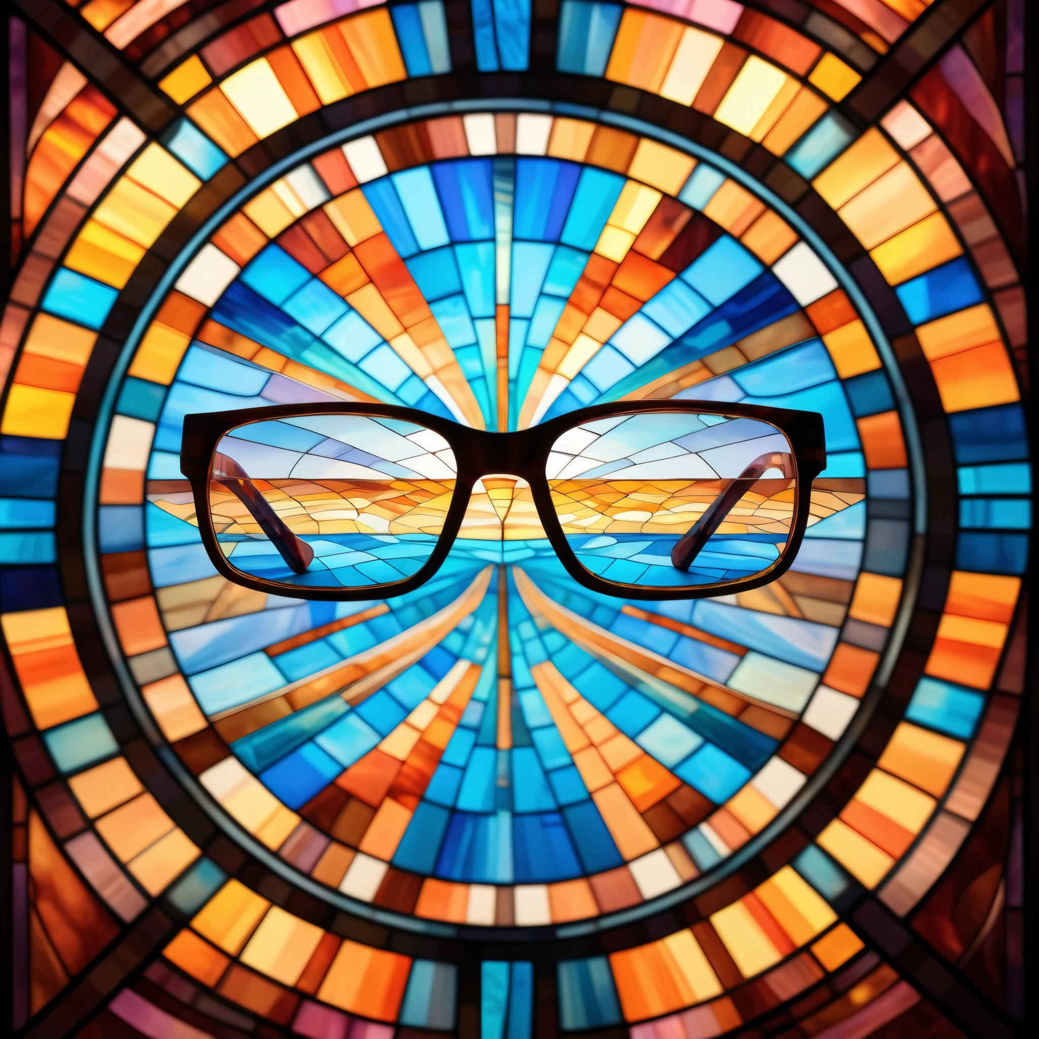Stained-glass style illustration of a floating ((Eyeglasses)), centered in the image, appearing to hover in mid air. The ((Eyeglasses)) is intricately drawn in shades of brown, pink, and white, with mosaic-like detail and vivid artistic effect. The background is a luminous stained-glass wall only (no floor visible), designed with both horizontal and vertical symmetry, featuring geometric and organic patterns in glowing blue, yellow, and orange tones. Soft sunlight filters through the symmetrical glass, creating a warm, ethereal glow.