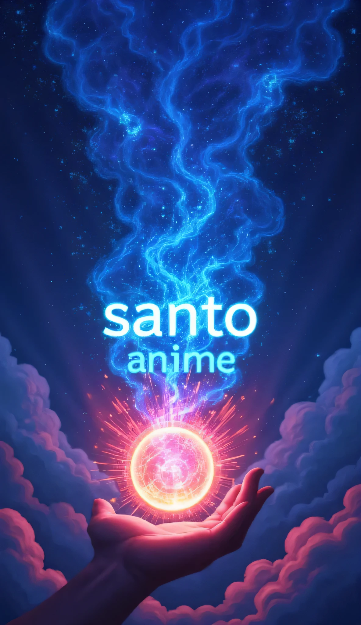 "An anime-style poster in a vertical (9:16), logo with a background detailed in vibrant shades of blue and purple, recalling a starry night with soft effects. No centro da imagem, em destaque, is the logo with the kanji and the text 'Santo Anime', artistically integrated as if it were part of the scene, lightly illuminated by a magical light effect. The style must be sharp, format inspired by modern anime covers, with touches of brightness and energy surrounding the, conveying intensity and epic atmosphere."