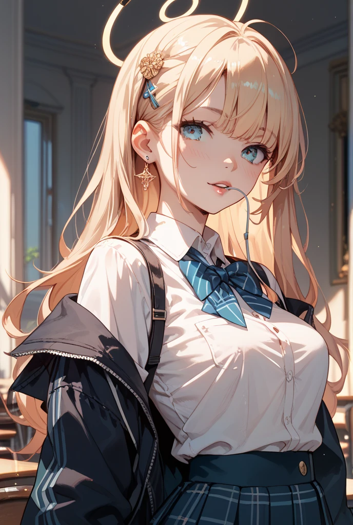 (highest quality:1.2, Anime artwork, Very detailed, High Detail, digital coloring, High Contrast, masterpiece:1.2, highest quality, Best aesthetics), (((kitagawa marin, 1 girl))), Black Hair, Straight long hair, Pink gradient hair, empty eyes, Earrings, White shirt, Black choker, Blue tie, Checked skirt, Pouting, slouch, Are standing, Cowboy Shot, bustling street, lift skirt myself,show 