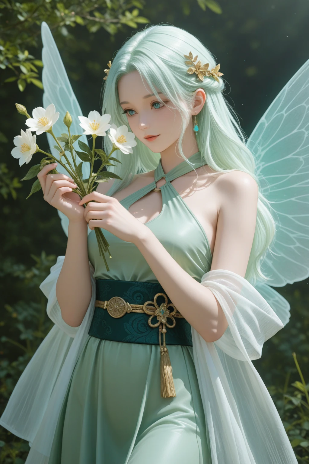 Graceful elven girl standing in meadow, Delicate face illuminated by the soft light of the setting sun. Her long, Flowing hair runs down your back, Decorated with intricate braids、Adorned with sparkling gemstones. This great photo is、、、It captures the ethereal beauty of elves. Slender figure in silk dress、Swaying in the soft steppe breeze. Attention to detail、Face that is、Face that is、Face that is、Face that is、It is evident in the intricate patterns of the dress and the subtle highlights of the luminescence. skin. The breathtaking portrayal of the elven girl is、、、、、Create an enchanting atmosphere、It invites the viewer to a magical world. emerald green hair color,