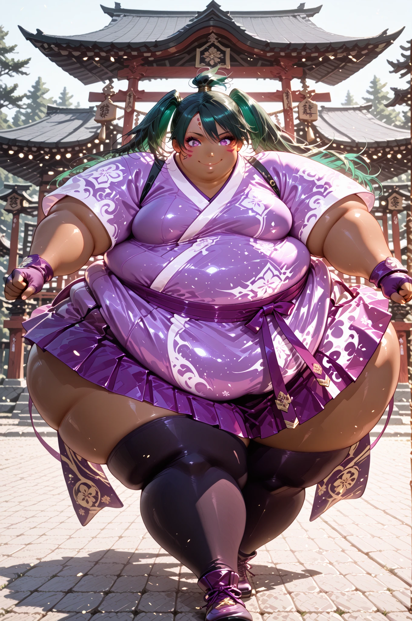 1girl, solo, masterpiece, best quality,lenalee, long hair, green hair, black hair, twintails, purple eyes, , , black thighhighs,short sleeves,dark skin, Japanese clothes, green hair, fingerless gloves,kimono,lips,purple skirt, facial mark,hakama,hakama skirt,purple gloves,purple kimono, purple hakama,face paint,,topknot,hyper obese,hyper fat, full body, smile, outdoors, shrine, action pose, dynamic angle