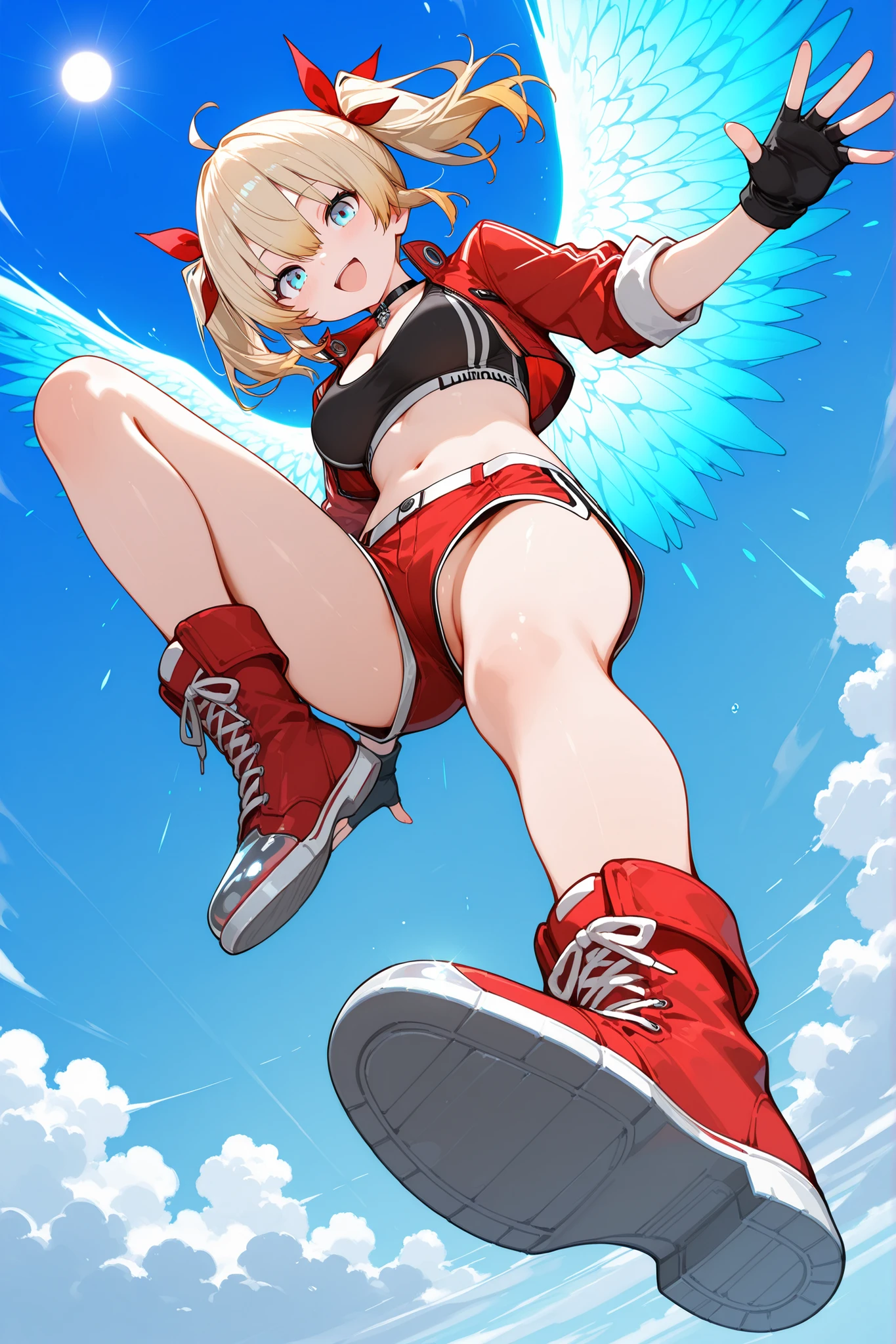 NSFW, 1girl, solo, character focus, sole of shoe focus, close to viewer, full body, from below, dutch angle, dynamic angle, light blue sky, cloud, sun, midair, standing midair, floating, hopping, outstretched leg, sole of shoe, twin tails ribbon, (red ribbon with white trim), simple black choker, (red cropped jacket), sleeves rolled up, stand collar, (red short shorts with white side stripes), no panties, cleavage, black sports bra, navel exposed, black fingerless gloves, (red boots with white lines), metallic silver toe, open mouth, blonde hair, light blue eyes, straight hair, medium hair, twin tails, bangs between eyes, sidelocks, medium breasts, cheerful smile, angel with glowing wings, feathered wings, (((luminous wings))), (blue wings), (Wide flapping wings), soft lighting, high detail, anime style, {animated painting}, {{{{{five hand fingers}}}}}, {{{{{4fingers and 1thumbs}}}}}, {{{high resolution}}}, {{{best quality}}}, {{ultra-detailed}}, {illustration}, {{an extremely delicate and beautiful}},