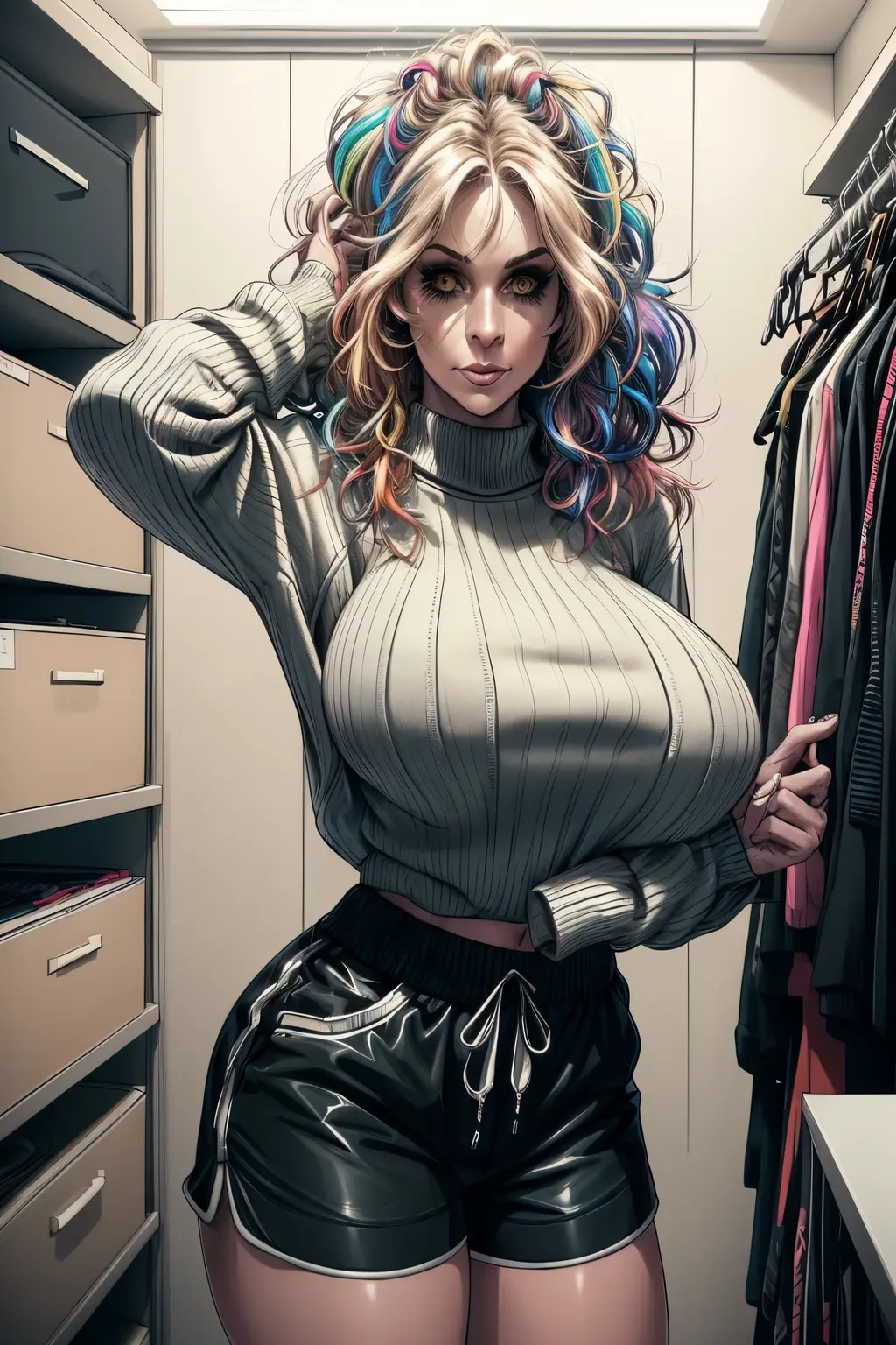 RAW photo, (tele effect, :1.2), (a photo of woman, mature:1.3), (light skin:1.2), dim lit,  (high detailed skin, detailed eyes:1.1), 8k uhd, dslr, soft lighting, intricate details, best quality, film grain, Fujifilm XT3, analog style, instagram, tik tok, (tall, :1.2), (sporty style:1.2), medium hair, Blowout hair, (wavy hair:1.1), (colorful hair:1.1), (oily hair:0.8), (eyeshadow:0.1), , (in wardrobe:1.2), (smug face:1.05), (wearing sweater and shorts)