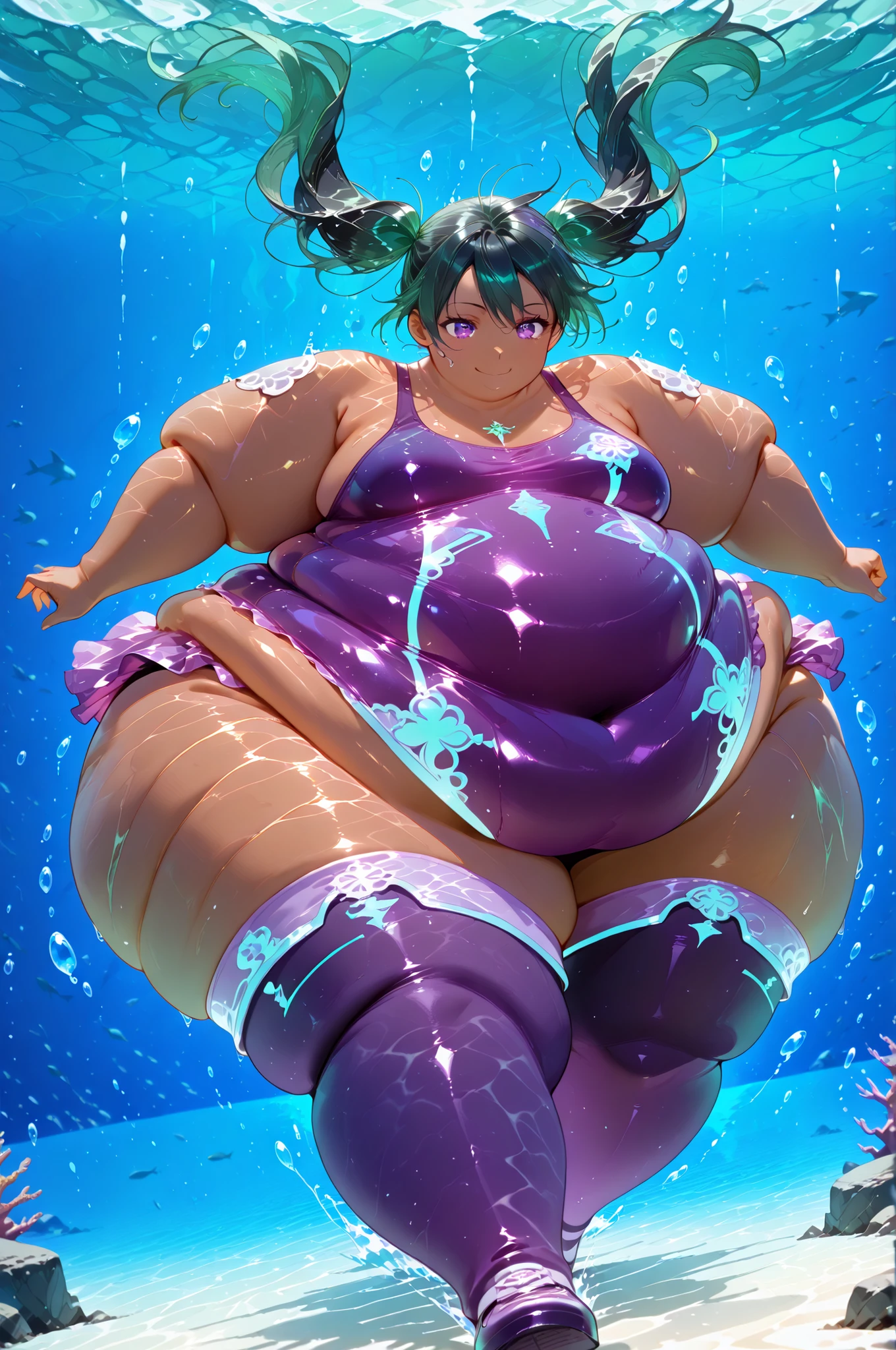 1girl, solo, masterpiece, best quality,lenalee, long hair, green hair, black hair, twin tails, purple eyes, , dark skin, purple thighhighs,purple one-piece swimsuit,,,hyper fat,hyper obese, full body, smile, underwater, swimming,ocean, action pose, dynamic angle