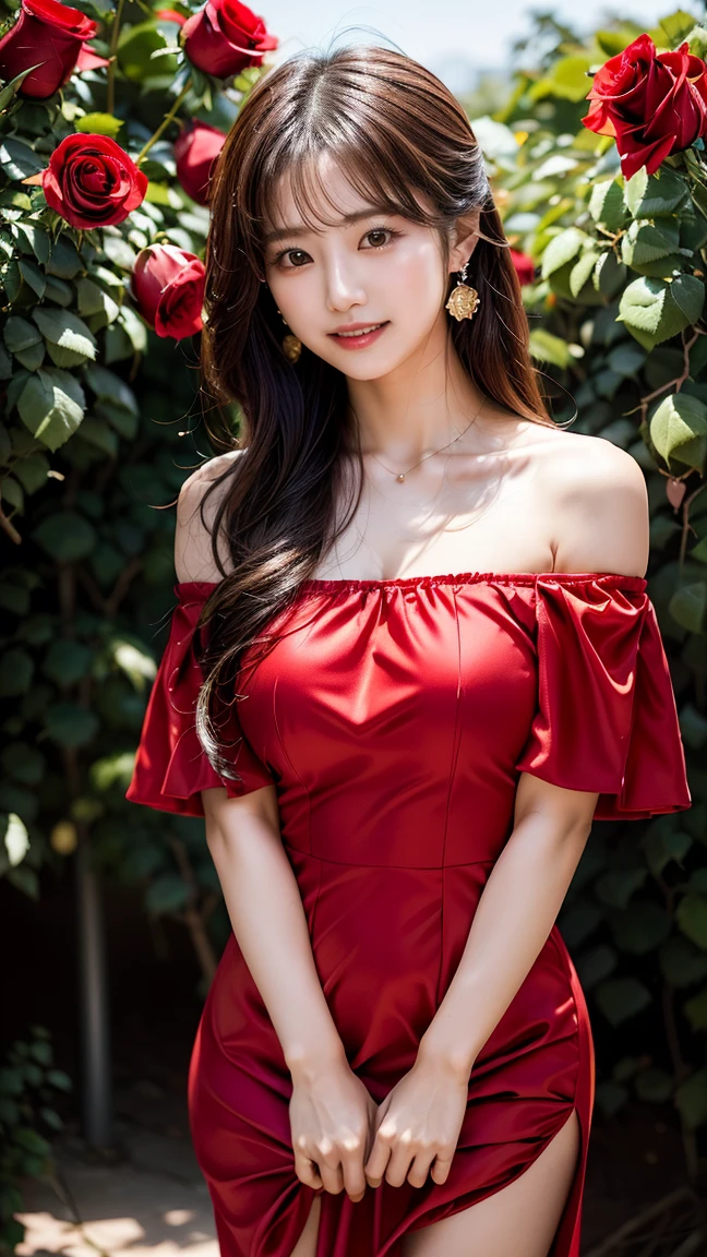 Ultra HD resolution，artistic photos，Professional Photography, ((21 year very ???? super-model, ???????????:1.1, long brunette hair, cold ultra realistic skin, wearing a very ???? off shoulder red silk lace blouse)), mid shot, ((posing like super-model, in a garden, smiling at viewer, outlining her perfect figure, natural lighting)) smiling at viewer, natural red lips, attention to detail.