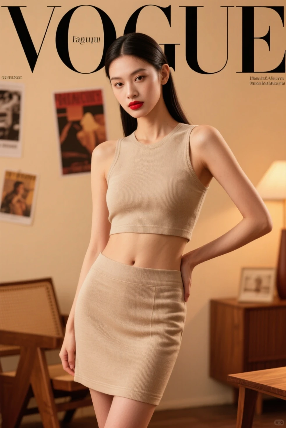A super beautiful girl，Big bright eyes，Cool feeling，(Fashion magazine Cole:1.3),（culottes, sleeveless blouse, wedges）