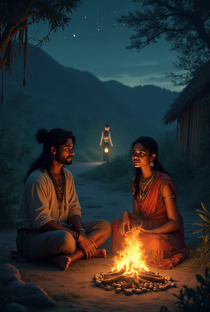 Ancient Hindu sage with his beautiful wife, praying in the woods, near a hut and mountain, realistic, 4k
