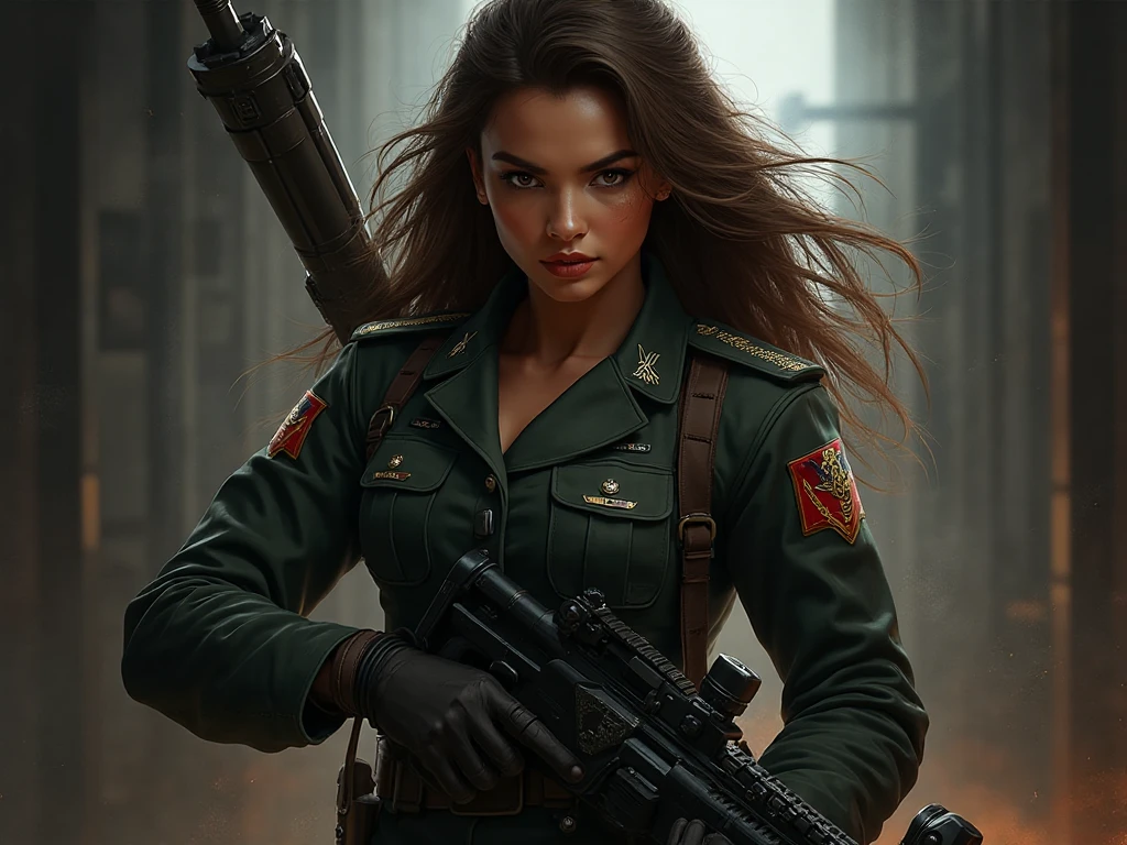 A woman in a leather outfit holding a gun and a gun - SeaArt AI