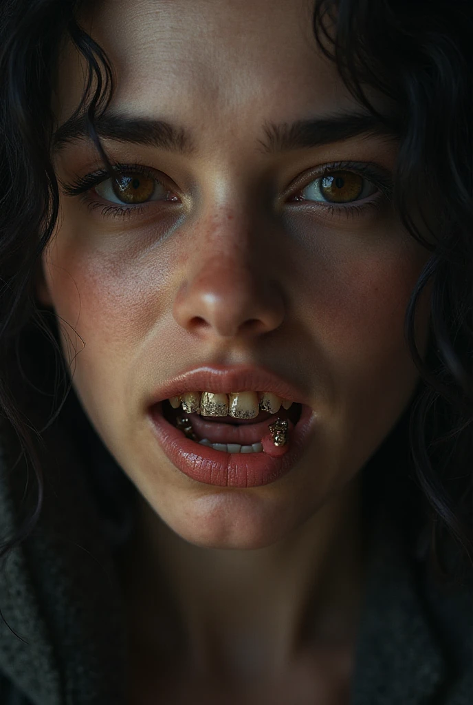 Evelyn, black hair, dirty hair, short hair, blur, cutout, blurred background, portrait, solo, Evelyn, black hair, dirty hair, cutout, upper body, open mouth, , teeth, , POV, looking at the viewer, hands at face level, shows 2 fingers index and middle