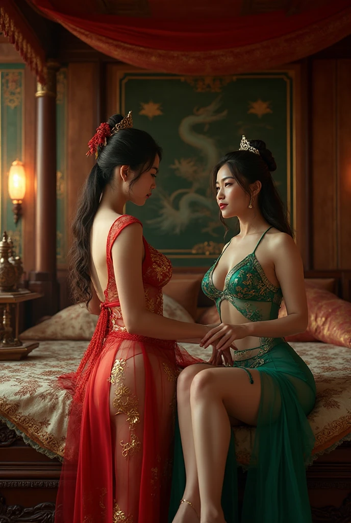 half body, beautiful muslimah girls, wearing traditional transparent silk kebaya, a couple, ultra-detailed, detailed faces, detailed skins, 8k masterpieces, cinematic lighting, perfect round ?????, voluptuous ?????, slim and slender body, long hijab, in malay village, in the bedroom, lying on the bed, seductive face, ????????, intimacy, looking at each other, hands squeezing the ?????, kissing