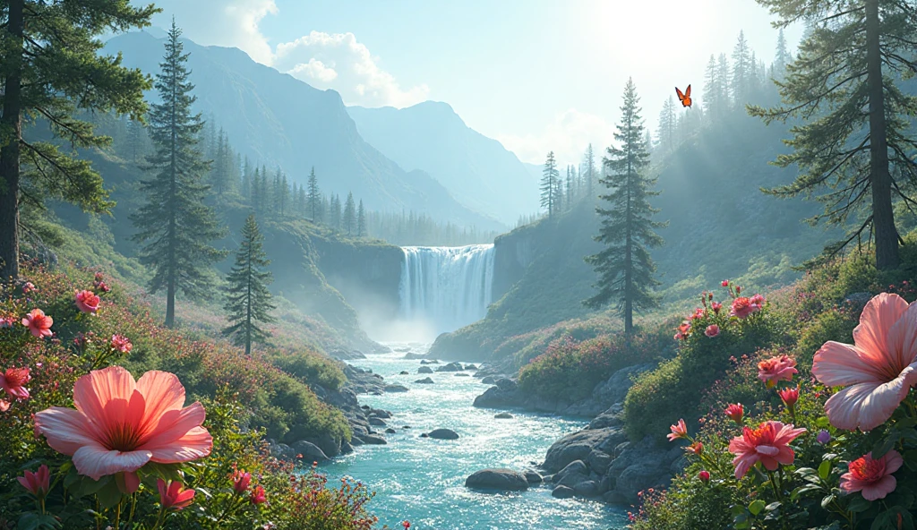 A serene mountain landscape with a sparkling river flowing through a ...