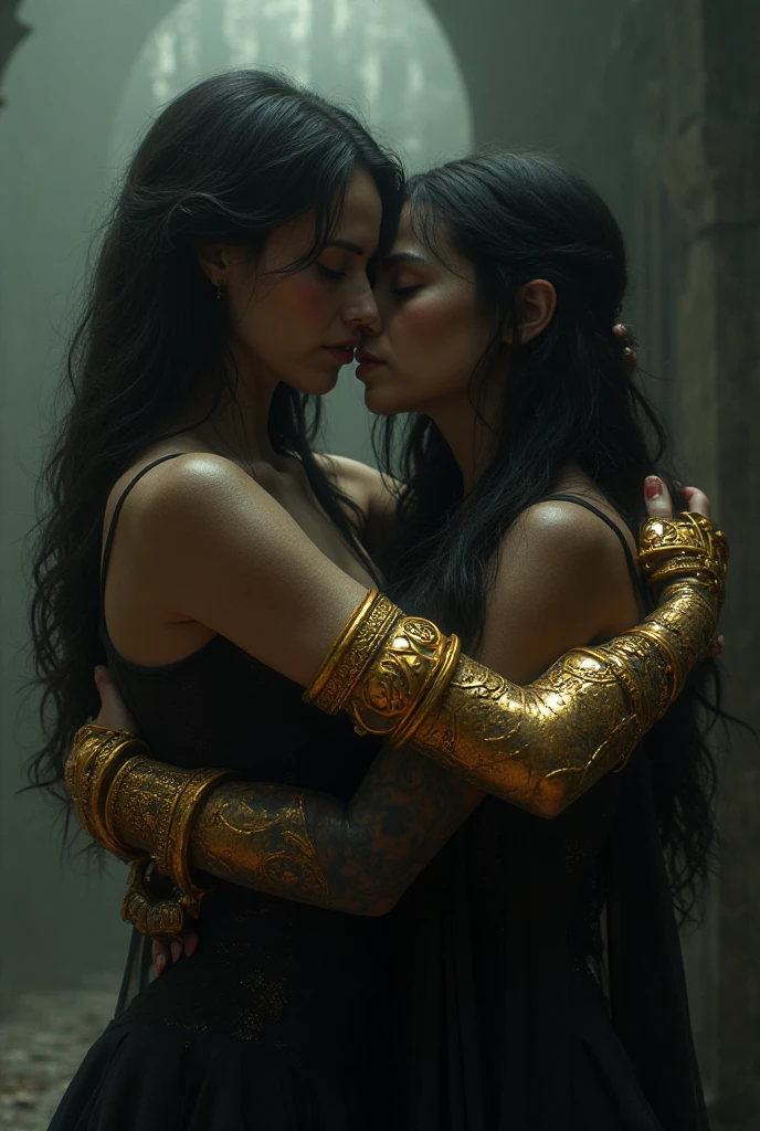 Create high quality images of two Twi'leks passionately kissing. Dressed in a  veil, beautiful thighs, lying down poses. Lying on the altar of an ancient temple, , , elegant and beautiful. Sensual look, captivating smile.