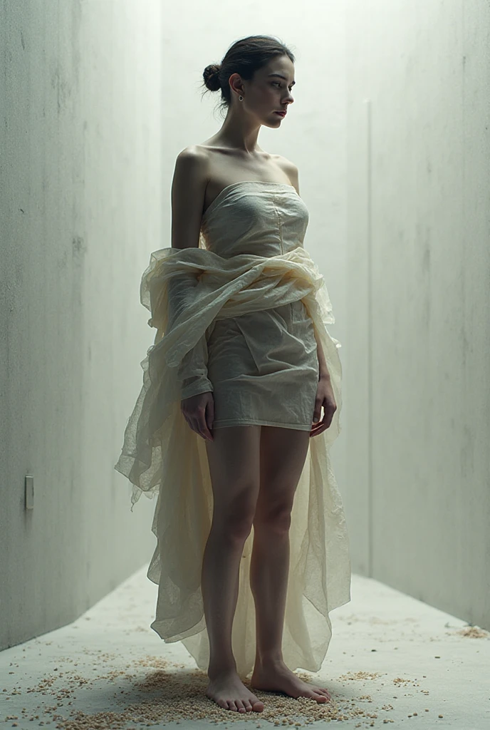 one girl tied up by another one with rope,(bright lighting,romantic setting),dreamy background,bondage,dark hair, mesmerizing gaze, , soft skin, alluring beauty, artistic portrait, high-quality image, vibrant colors, long silk gown, dressing room, (cocoon:0.8)