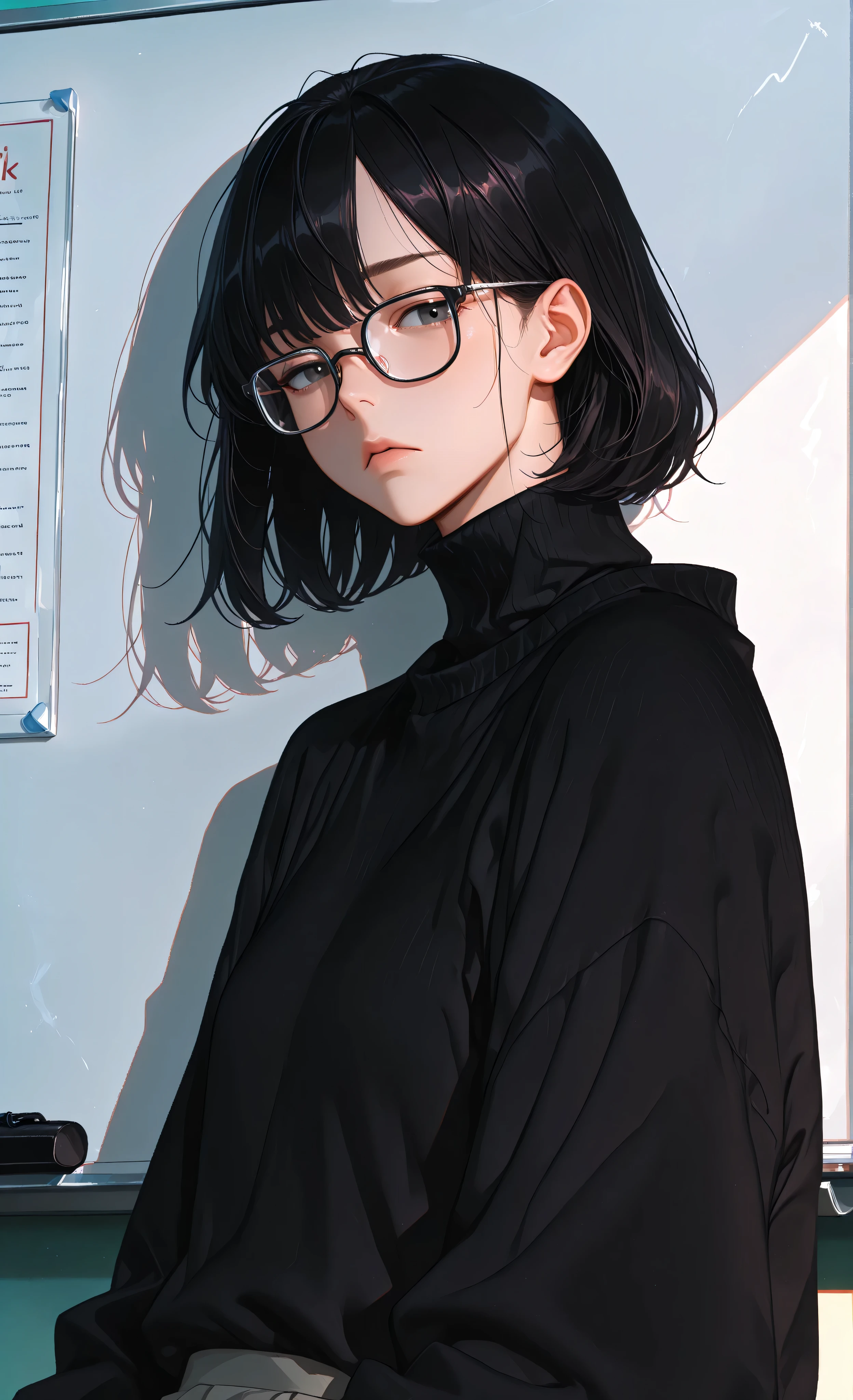 (Ink Style, best quality, soft lines, clear details), (moody lighting, dramatic shadows, bloom lighting, colored shadows, masterpiece:1.3, 8k:1.3, Highest quality:1.3, detail:1.3, high resolution:1.3, digital painting, super detail), **1male, solo, ONLY ONE PERSON,**
(masterpiece, best quality, 8k, ultra detailed, anime style, cinematic, atmospheric),
1 handsome Asian man, late 20s, refined build, (mid-shot:1.2), upper body focus, gazing directly at viewer,
wearing: (sleek black turtleneck sweater:1.3), (square-framed glasses:1.3),
dark tousled hair, (composed expression:1.2), holding a black pen,
background: (large whiteboard:1.3) with charts and diagrams, simple modern desk setup,
soft lighting, subtle gradient effect, sleek, modern, intellectual atmosphere,
sharp lines, clean artwork, (absurdres, highres:1.2)ppearance, empty classroom,