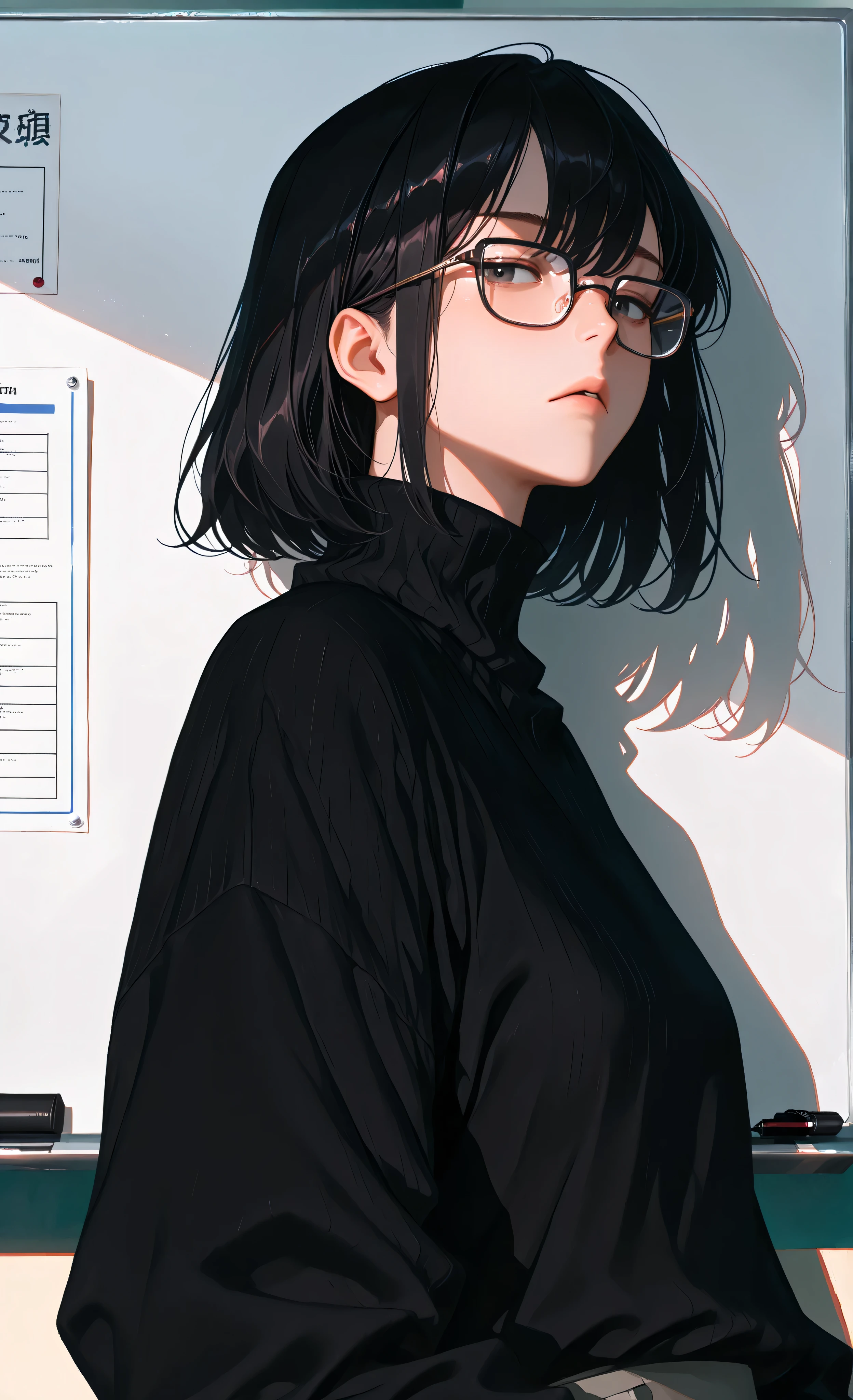 (Ink Style, best quality, soft lines, clear details), (moody lighting, dramatic shadows, bloom lighting, colored shadows, masterpiece:1.3, 8k:1.3, Highest quality:1.3, detail:1.3, high resolution:1.3, digital painting, super detail), **1male, solo, ONLY ONE PERSON,**
(masterpiece, best quality, 8k, ultra detailed, anime style, cinematic, atmospheric),
1 handsome Asian man, late 20s, refined build, (mid-shot:1.2), upper body focus, gazing directly at viewer,
wearing: (sleek black turtleneck sweater:1.3), (square-framed glasses:1.3),
dark tousled hair, (composed expression:1.2), holding a black pen,
background: (large whiteboard:1.3) with charts and diagrams, simple modern desk setup,
soft lighting, subtle gradient effect, sleek, modern, intellectual atmosphere,
sharp lines, clean artwork, (absurdres, highres:1.2)ppearance, empty classroom,