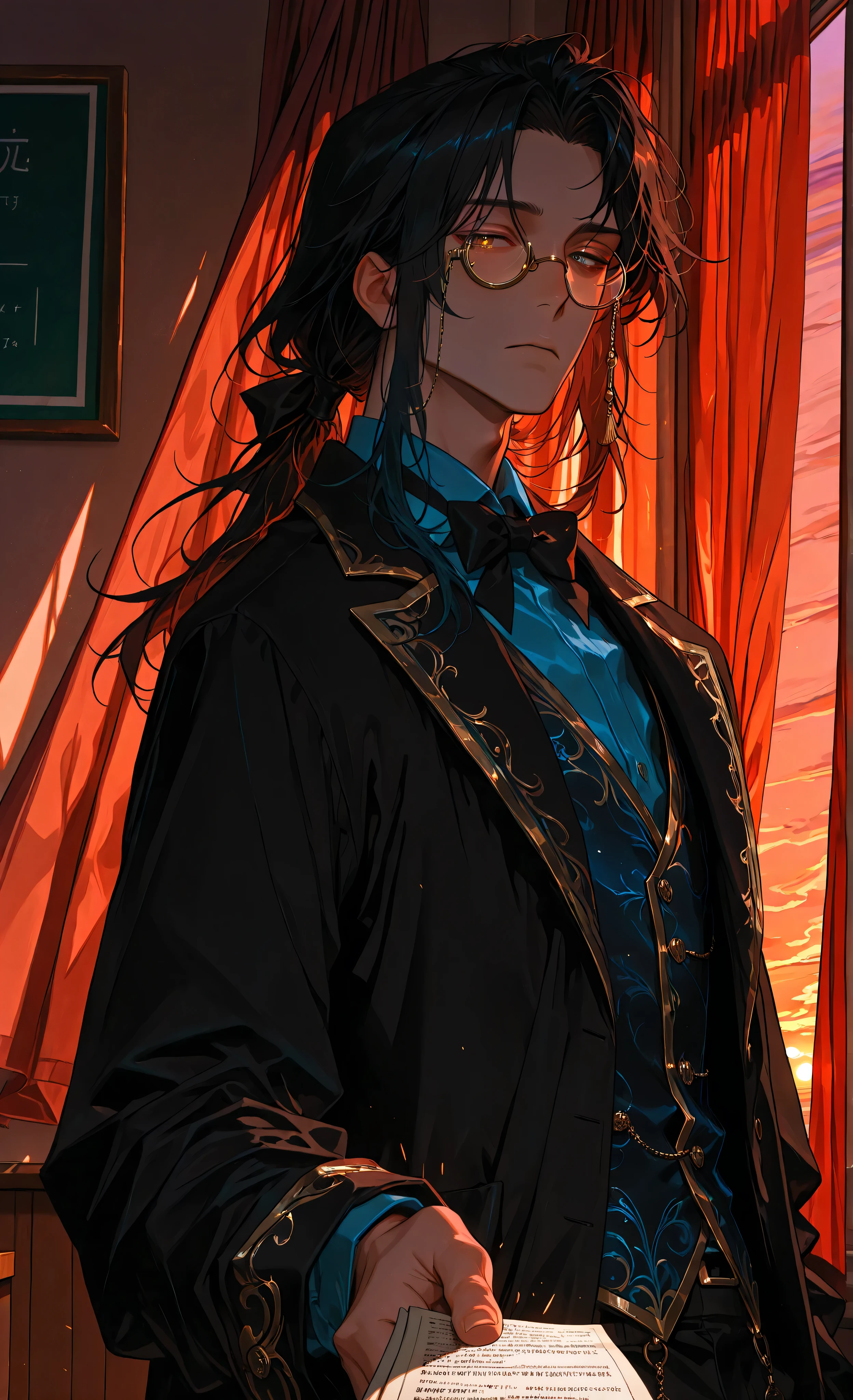 (Ink Style, best quality, soft lines, clear details), (moody lighting, dramatic shadows, bloom lighting, colored shadows, masterpiece:1.3, 8k:1.3, Highest quality:1.3, detail:1.3, high resolution:1.3, digital painting, super detail),
(masterpiece, best quality, 8k, ultra detailed, anime style, cinematic, atmospheric),
**1male, solo, ONLY ONE PERSON,** handsome East Asian male, late 20s, mature,
wearing: black suit, (vest with blue gems:1.3), light blue collared shirt, black bow tie, (long black overcoat with gold trim:1.2), (monocle on right eye:1.4),
long dark hair styled back, strands falling on forehead,
**standing near chalkboard, holding textbook in one hand, (turning slightly towards viewer:1.4),**
**(authoritative gaze:1.4),
background: **large window with (sunset glow:1.5), (curtains gently swaying in wind:1.3), chalkboard with equations,**
**(sunset lighting:1.5), long shadows, backlighting, (silhouette effect with rim light:1.3),** dramatic lighting, polished appearance, empty classroom,