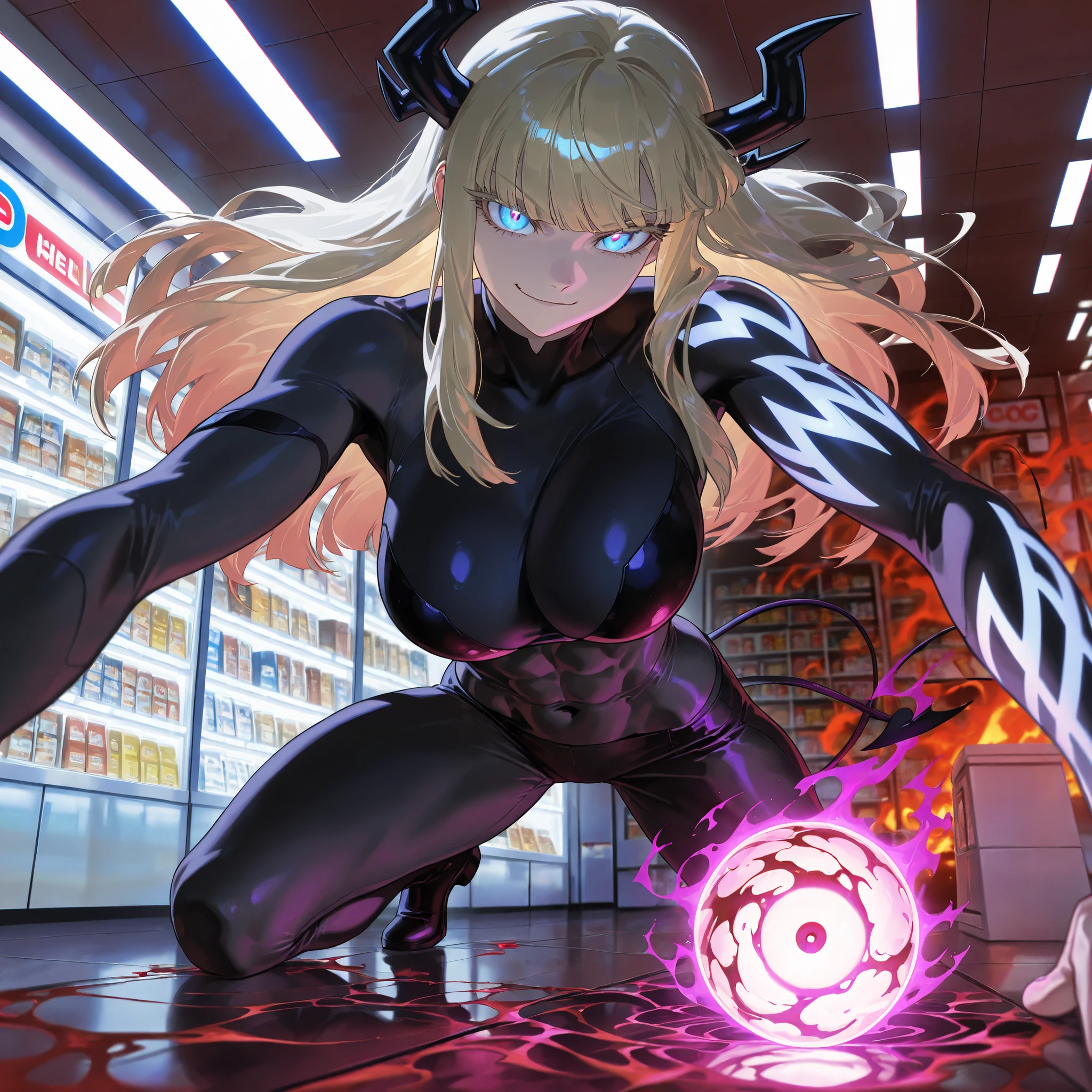 masterpiece, best quality, amazing quality, very aesthetic, absurdres, newest, anatomically accurate, 16k, UHD, accurate, expressive, anime screenshots, anime colorization, (8k), (detailed background: 1.4), (ultra detailed: 1.2), 748cm style, Expressiveh, official wallpaper, BREAK, 1 woman, (Marvel character), Magik (Illyana Rasputina), long platinum blonde hair, sharp glowing blue eyes, perfectly defined pupils, high contrast iris, symmetrical eyes, no blur, no glow distortion, light pale skin, tall and muscular yet feminine body, height 175cm, (demon features: 1.2), faint black horns, glowing markings on arms, dark aura around her, (hell convenience store setting: 1.3), neon red and purple lights, shelves filled with glowing infernal goods, cigarette smoke haze, warm neon lighting, reflective floor, (tattoos: 1.2), faint glowing runes across arms and abdomen, (trained physique: 1.3), visible abs, strong arms, sleek waist, (look at viewer: 1.3), sharp gaze, confident smirk, (mature and powerful aura), (subtle body glow), (eye focus: ultra-detailed, crisp, no bloom, sharp light reflection, natural lashes), BREAK, interior background, counter filled with strange demonic products, flickering signs, open fridge with glowing drinks, hellish atmosphere, dramatic rim lighting, BREAK, full-body view, firm stance, one hand holding the Soulsword resting on the floor, other hand holding a glowing infernal orb, BREAK, dynamic angle, (hell convenience store interior, neon reflections), (soft smoke and ambient glow), masterpiece, best quality, amazing quality, very aesthetic, absurdres, newest, volume lighting