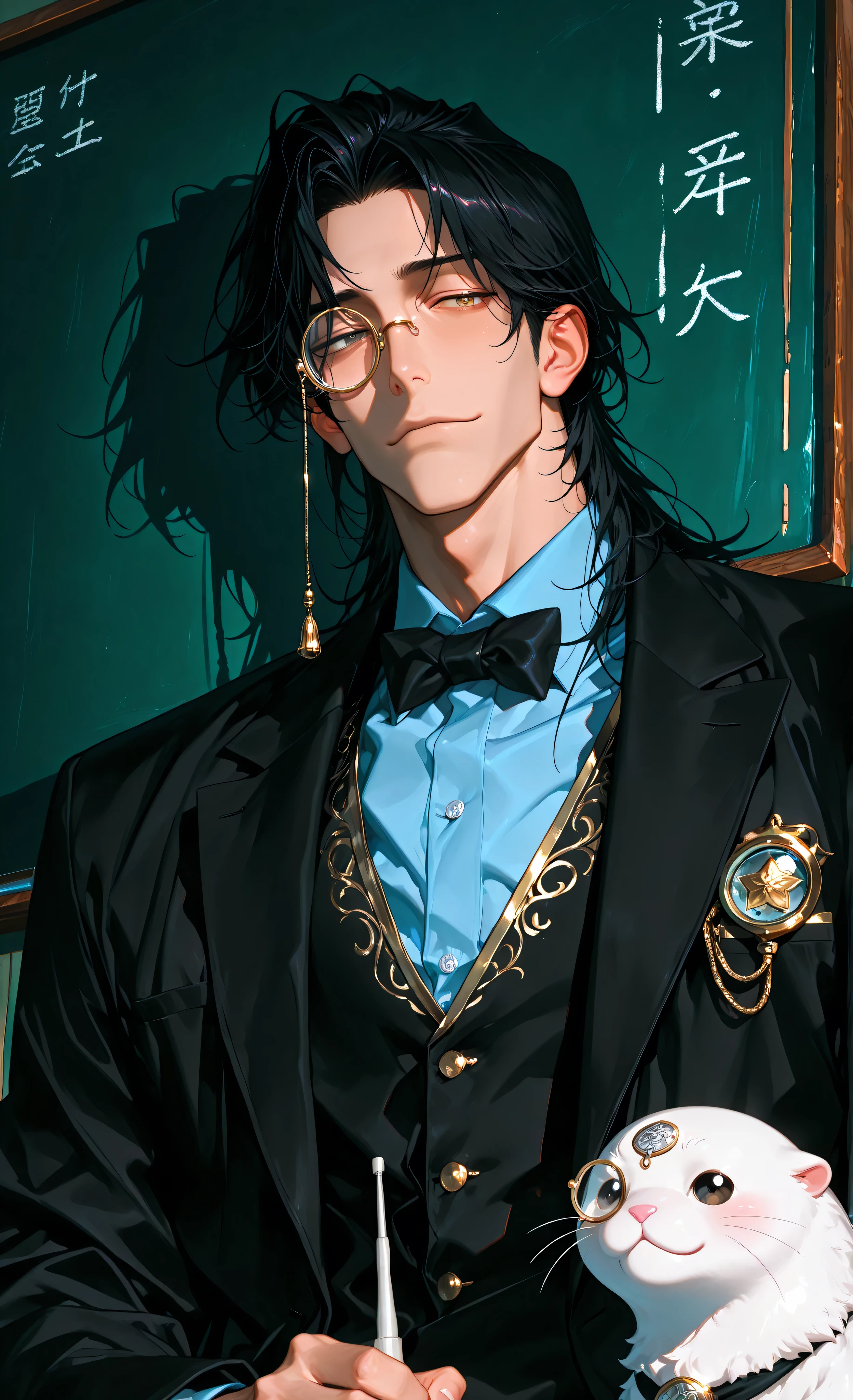 (Ink Style, best quality, soft lines, clear details), (moody lighting , dramatic shadows , bloom lighting , colored shadows , masterpiece:1.3, 8k:1.3, Highest quality:1.3, detail:1.3, high resolution:1.3, digital painting , super detail), (masterpiece, best quality, 8k, ultra detailed, anime style, cinematic, atmospheric, 1male, male),
1 handsome male, East Asian, late 20s, mature,
wearing: black suit, (vest with blue gems:1.3), light blue collared shirt, black bow tie, (long black overcoat with gold trim:1.2), (monocle on right eye:1.4),
long dark hair styled back, strands falling on forehead,
(neutral expression with slight smirk:1.2), holding white pointer, gesturing towards chalkboard,
background: (large green chalkboard:1.3) with white text and (magical seal at top left:1.4),
even lighting, dramatic shadows, polished appearance, eye-level perspective,
(absurdres, highres:1.2)