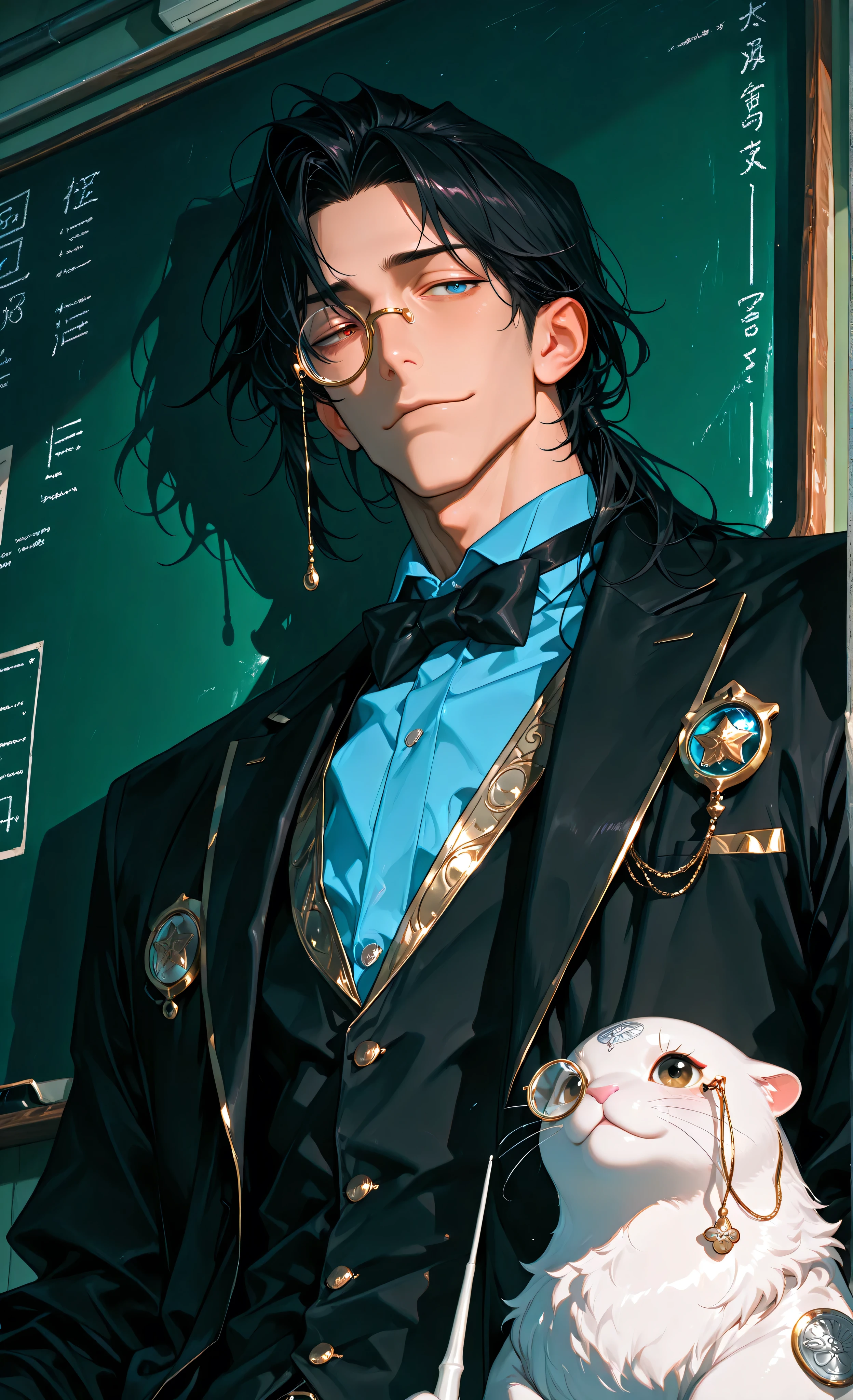 (Ink Style, best quality, soft lines, clear details), (moody lighting , dramatic shadows , bloom lighting , colored shadows , masterpiece:1.3, 8k:1.3, Highest quality:1.3, detail:1.3, high resolution:1.3, digital painting , super detail), (masterpiece, best quality, 8k, ultra detailed, anime style, cinematic, atmospheric, 1male, male),
1 handsome male, East Asian, late 20s, mature,
wearing: black suit, (vest with blue gems:1.3), light blue collared shirt, black bow tie, (long black overcoat with gold trim:1.2), (monocle on right eye:1.4),
long dark hair styled back, strands falling on forehead,
(neutral expression with slight smirk:1.2), holding white pointer, gesturing towards chalkboard,
background: (large green chalkboard:1.3) with white text and (magical seal at top left:1.4),
even lighting, dramatic shadows, polished appearance, eye-level perspective,
(absurdres, highres:1.2)