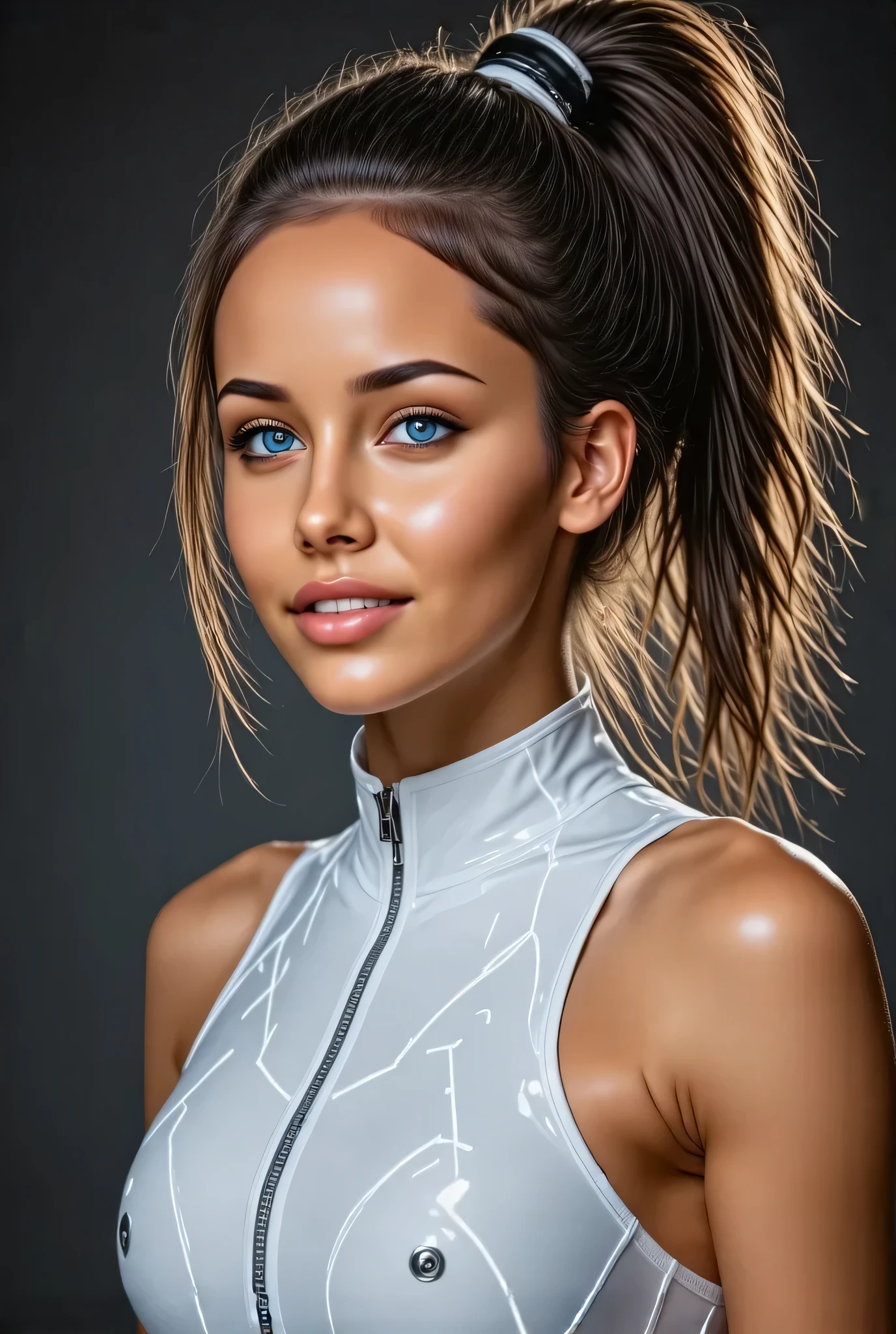 8k ultra-detailed photorealistic portrait, professional sports photography, athletic woman in high-performance tech tennis outfit, form-fitting white sports top with neon piping, matching athletic skirt, natural skin tone with subtle circuit patterns, realistic face structure, professional athlete physique, natural-looking holographic hair in neat double bun, indoor tennis court lighting, photorealistic textures, high-end sports photography style, Canon EOS R5 settings, studio lighting setup, sharp focus, natural shadows
beautiful cybernetic woman, (advanced chimera:1.2), athletic build, {cyber-enhanced sports outfit|tech-infused dress|luminous bodysuit|metallic tennis wear}, flowing digital hair, gleaming eyes, perfect synthetic skin with subtle circuits, chrome anatomical details, {futuristic arena|cyber palace|digital nature|tech sanctuary}, confident stanceultra-detailed portrait, synthetic beauty, (perfect android-human fusion:1.2), flawless figure, {high-tech tennis wear|cyber battle suit|flowing tech-dress|metallic bodysuit}, holographic hair effects, glowing circuit patterns on skin, polished chrome details, {sunset court|digital void|cyber garden|neon landscape}, elegant pose