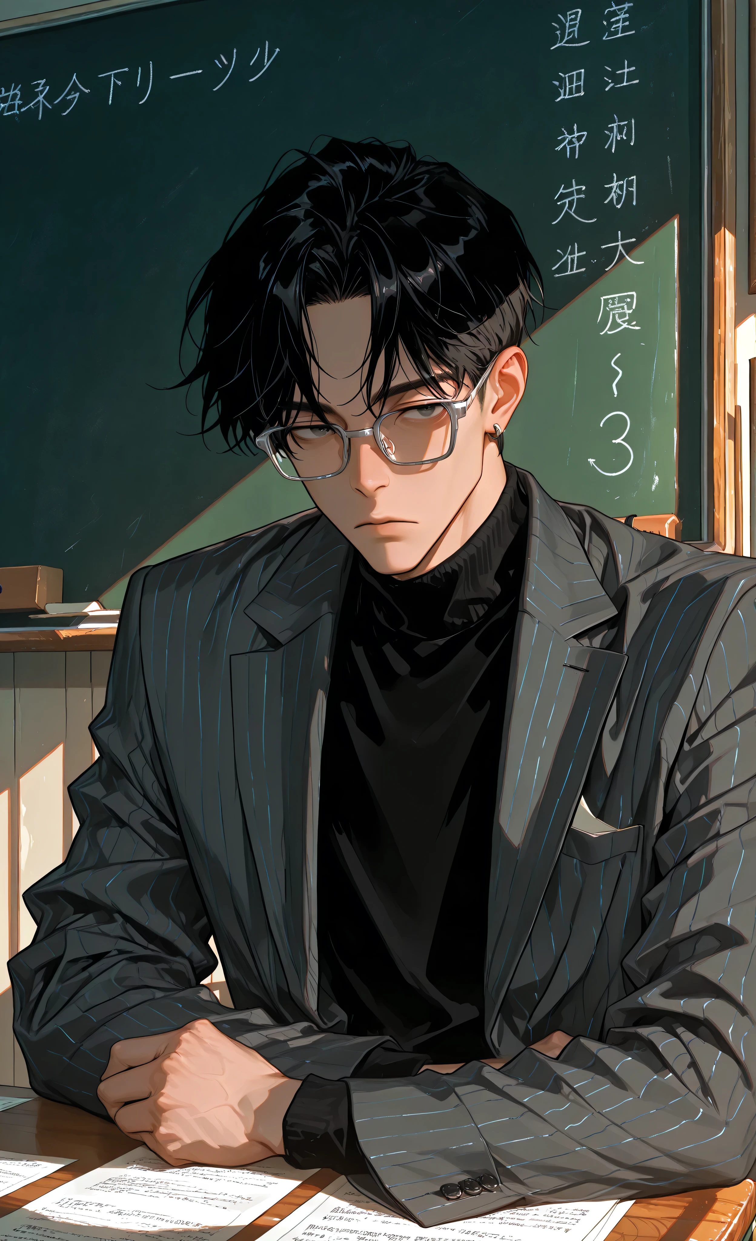 (Ink Style, best quality, soft lines, clear details), (moody lighting , dramatic shadows , bloom lighting , colored shadows , masterpiece:1.3, 8k:1.3, Highest quality:1.3, detail:1.3, high resolution:1.3, digital painting , super detail), (masterpiece, best quality, 8k, ultra detailed, anime style, cinematic, atmospheric, 1male, male),
**1male, solo, male teacher, ONLY ONE PERSON,** young East Asian man in his early twenties, handsome, upper body, seated at his desk,
looking slightly to the viewer's left with a serious expression, slightly stoic, completely expressionless face,
wearing: black turtleneck sweater, pinstripe suit jacket, (glasses with silver frames:1.3), subtle earrings,
slightly tousled black hair, slender build, fair skin,
**background: empty classroom, (chalkboard:1.4) with mathematical equations, teacher's desk with papers,**
soft lighting, gentle shadows, muted color palette, predominantly dark tones (blacks, greys),
modern and sophisticated atmosphere, slightly tilted camera angle, portrait style,