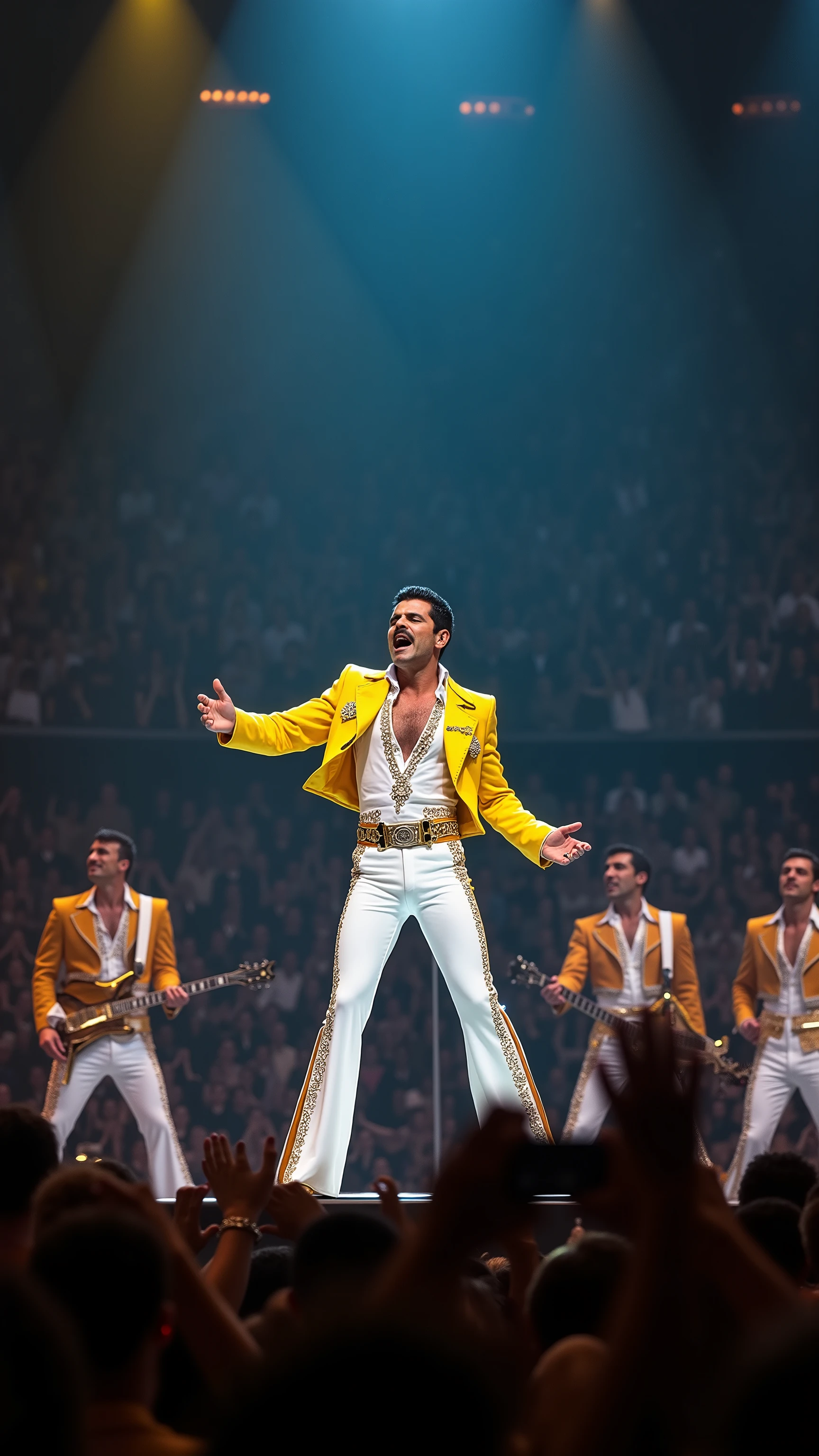 high-definition images、1985 Live Aid's New York performance バンドを後ろに従えてクィーンのフレディ・マーキュリーがsings solo、at the fully booked Madison Square Garden