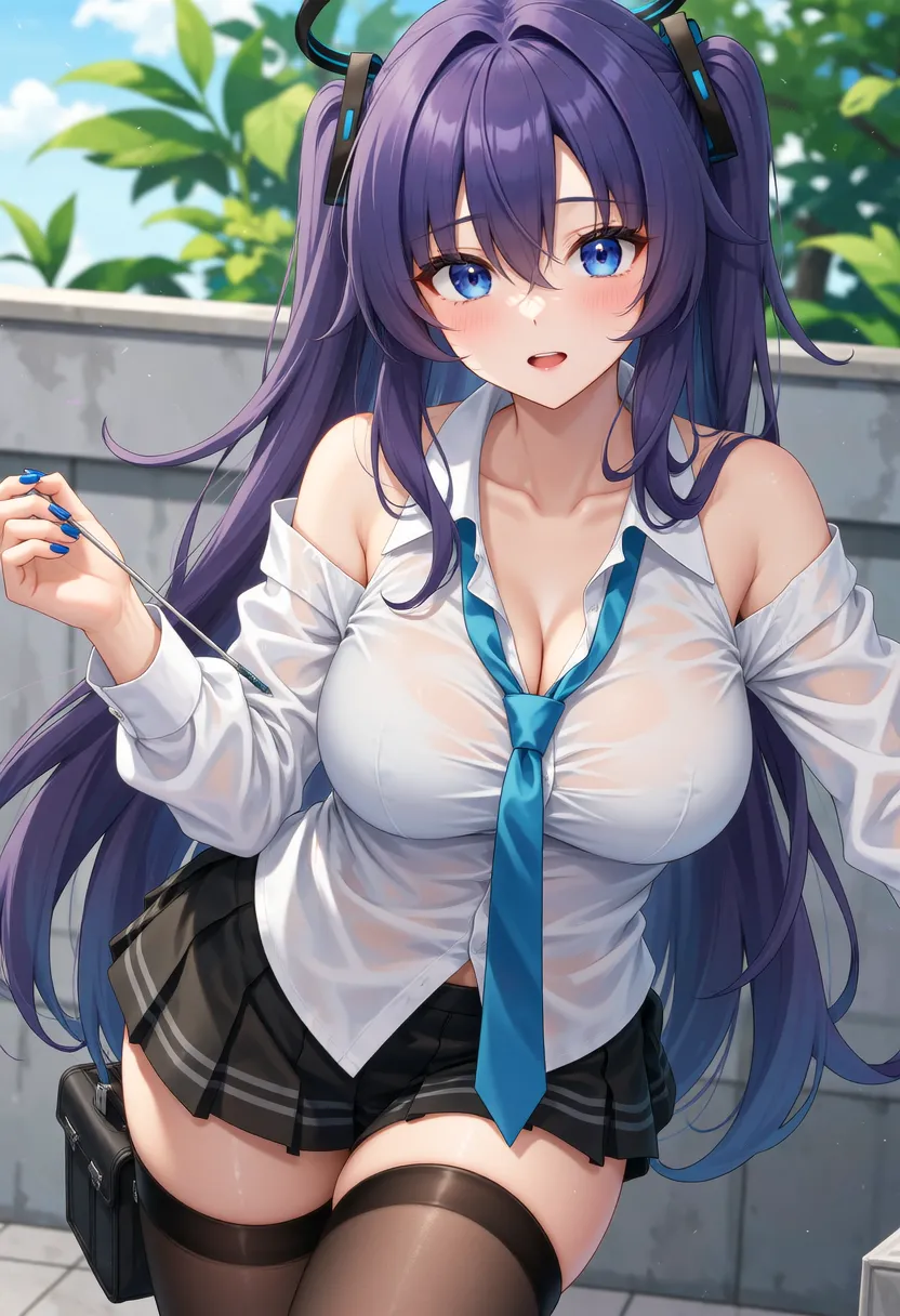 最high quality, high quality, 16K full body image, Ultra-detailed details, pretty girl, alone, beautiful purple hair, Beautiful purple eyes, , A light smile, Summer clothes, Summer Maid clothes, I'm lifting my skirt, Blue and white color striped underwear(Bikini swimsuit under skirt), My  is wet with , {{A succubus who steals the face skin and maid uniform from the girl she likes and plays pranks on her、I'm wearing a maid outfit while pretending to be the girl I like.}}, The girl I like is a high school girl, Full body image, 