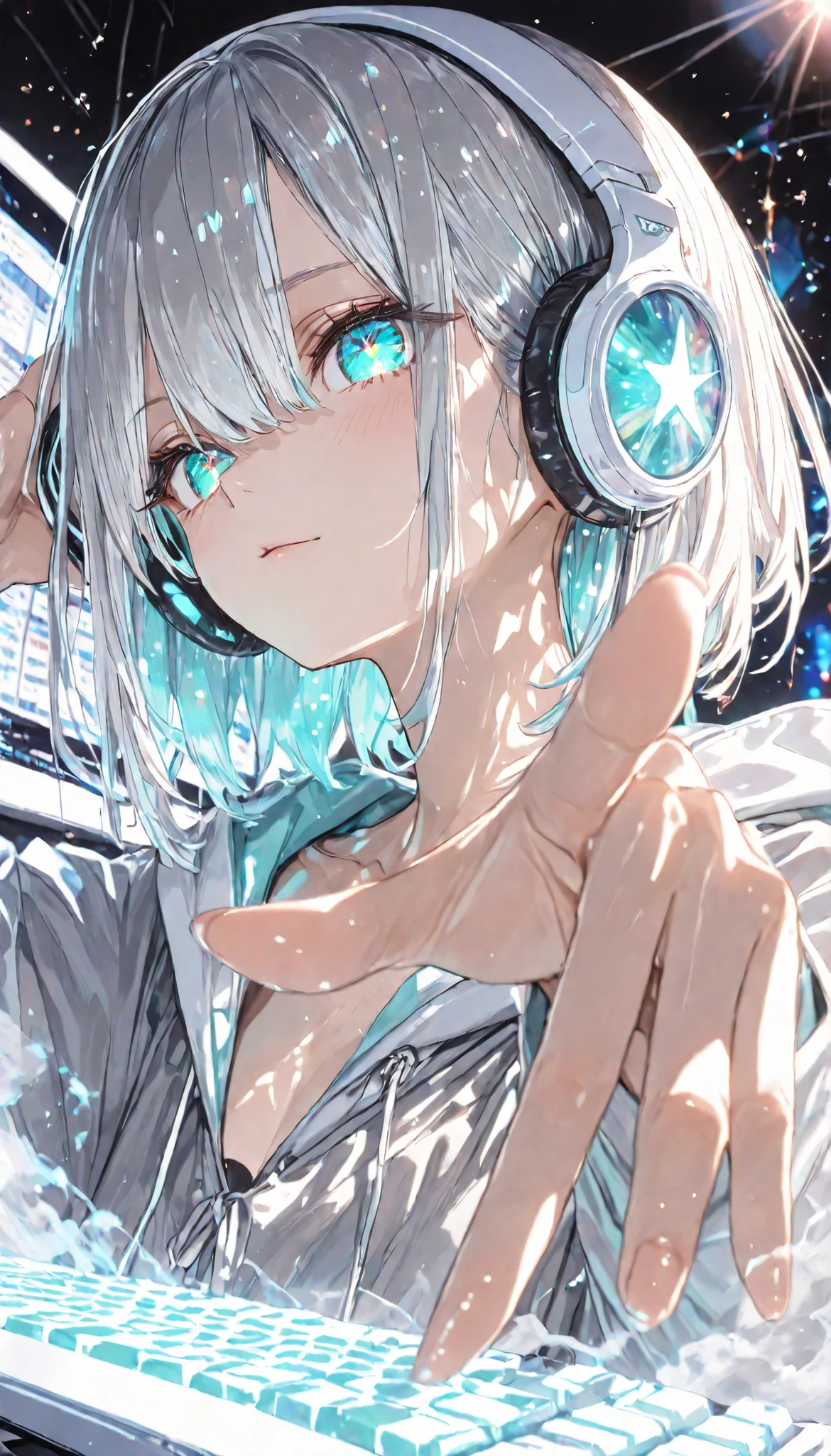 ((masterpiece:1.5、8k、2.5d、portrait、dramatic angle、focusing on perspective、very detailedなCG、very detailed、dramatic light、particle effects、dynamic effects、Depth of Boundary、Cinematic Light、lens flare、ray tracing、Volume Fog、Semi-Realistic、Ultra High Definition:1.2))
((1girl, gray hair、aqua inner color、aqua eyes、Starry eyes、medium chest、slim body、valley))
(I'm wearing an oversized zip hoodie。パーカーは半分開き胸のvalleyが見える。I'm wearing a large professional white headphone。Arranging with a synthesizer。placing one hand on the headphones。Improve your focus。Antique Exterior。I'm watching a lot of computer monitors in a completely dark room、GLOW KEYBOARD、)
((From the side:1.3、unnuanced side face、close-up、portrait))
(impressive perspective illustration with the hand close、impressive illustration with a sense of perspective)