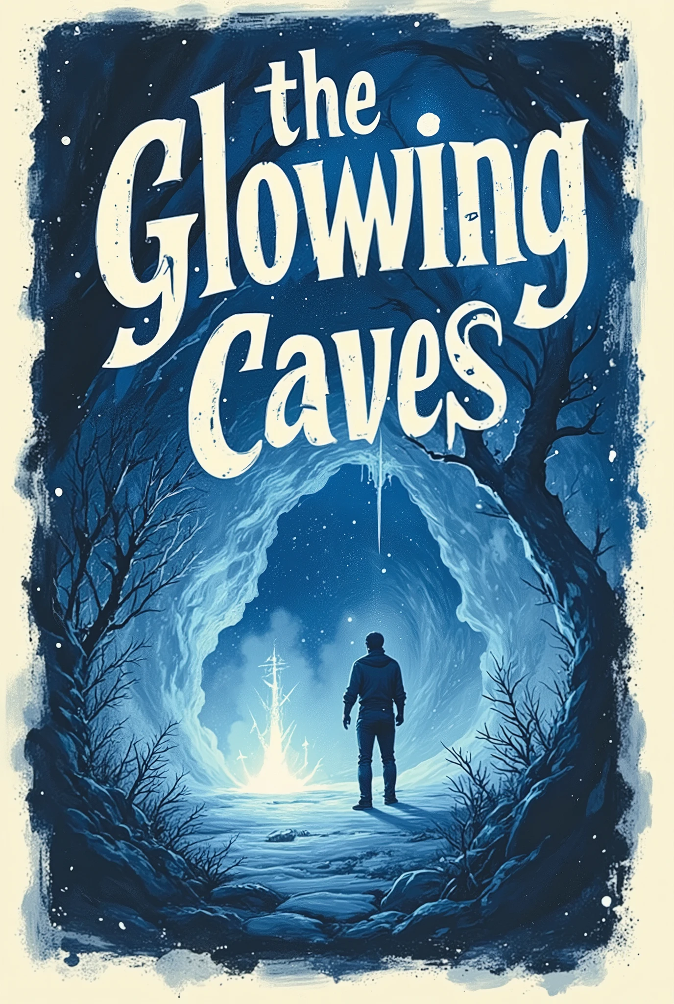 Enhanced_Lighting_and_Textures,A dark fantasy book cover featuring a misterious man approaching a glowing ancient artifact in a cave on a misty forest, with bold serif typography and deep blue tones the book title is "the Glowing Caves", Oil painting by Jean-François Millet and Gustave Courbet and Jules Breton