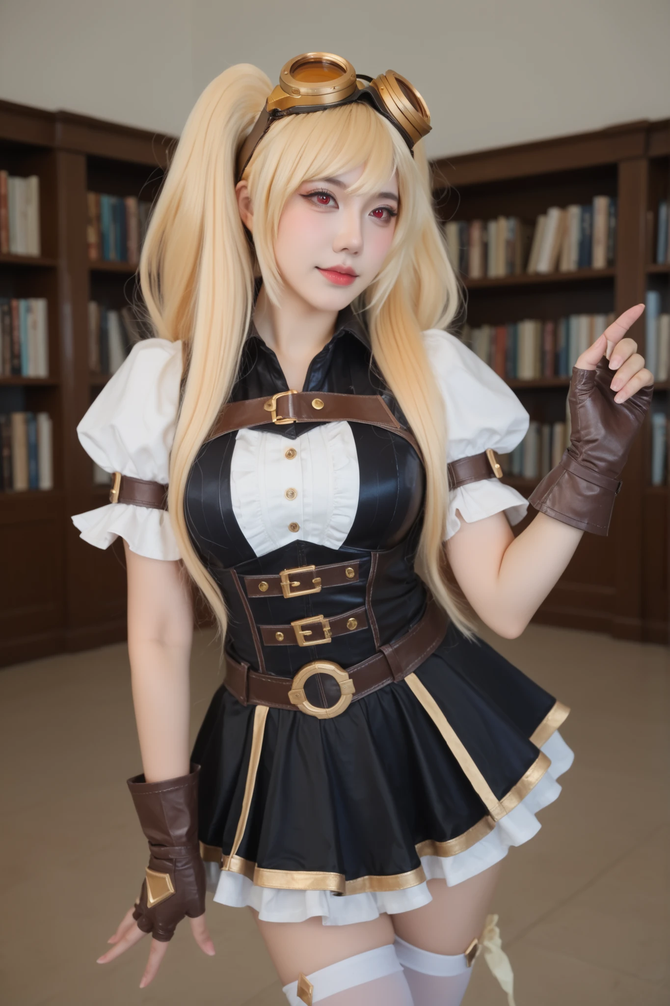 Foto ultradetalhada, garota cosplayer, ela é cosplayer de layla from mobile legends, ( layla from mobile legends), twintails, blonde, blonde hair, long hair, very long hair, red eyes, goggles, goggles on head, gloves, thighhighs, skirt, short sleeves, fingerless gloves, puffy sleeves, brown gloves, puffy short sleeves, best quality,  highres, perfect anatomy, detailed hands, detailed eyes, line anime, correct anatomy, , She's in a library,ele real, textura da pele,detailed facial features, sardas,Ance,  She is in a verdant field