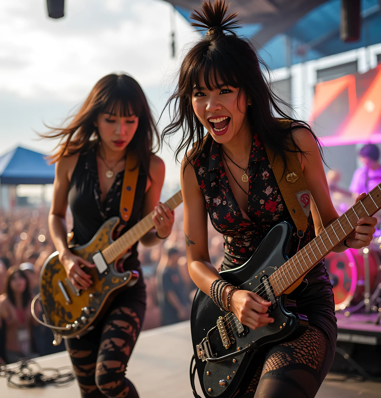 Japanese female punk band performing on stage at outdoor festival、close-up、Vivian Westwood's clothed vocalist and guitarist jump、an enthusiastic audience